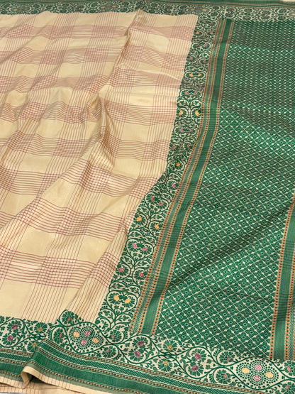Ivory Handwoven Modern Checks Banarasi Katan Silk Saree with Resham Zari Katan Border