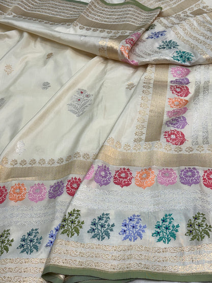 Handwoven Ivory Banarasi Katan Silk Saree with Multicolour Tilfi Meenakari Border and Pallu