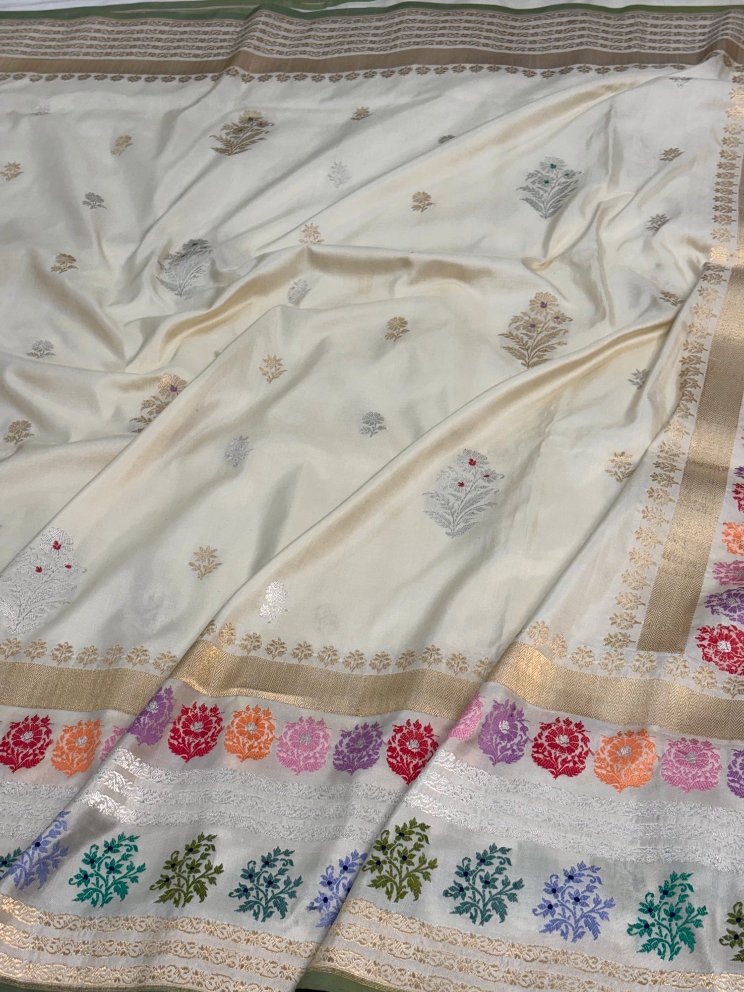 Handwoven Ivory Banarasi Katan Silk Saree with Multicolour Tilfi Meenakari Border and Pallu