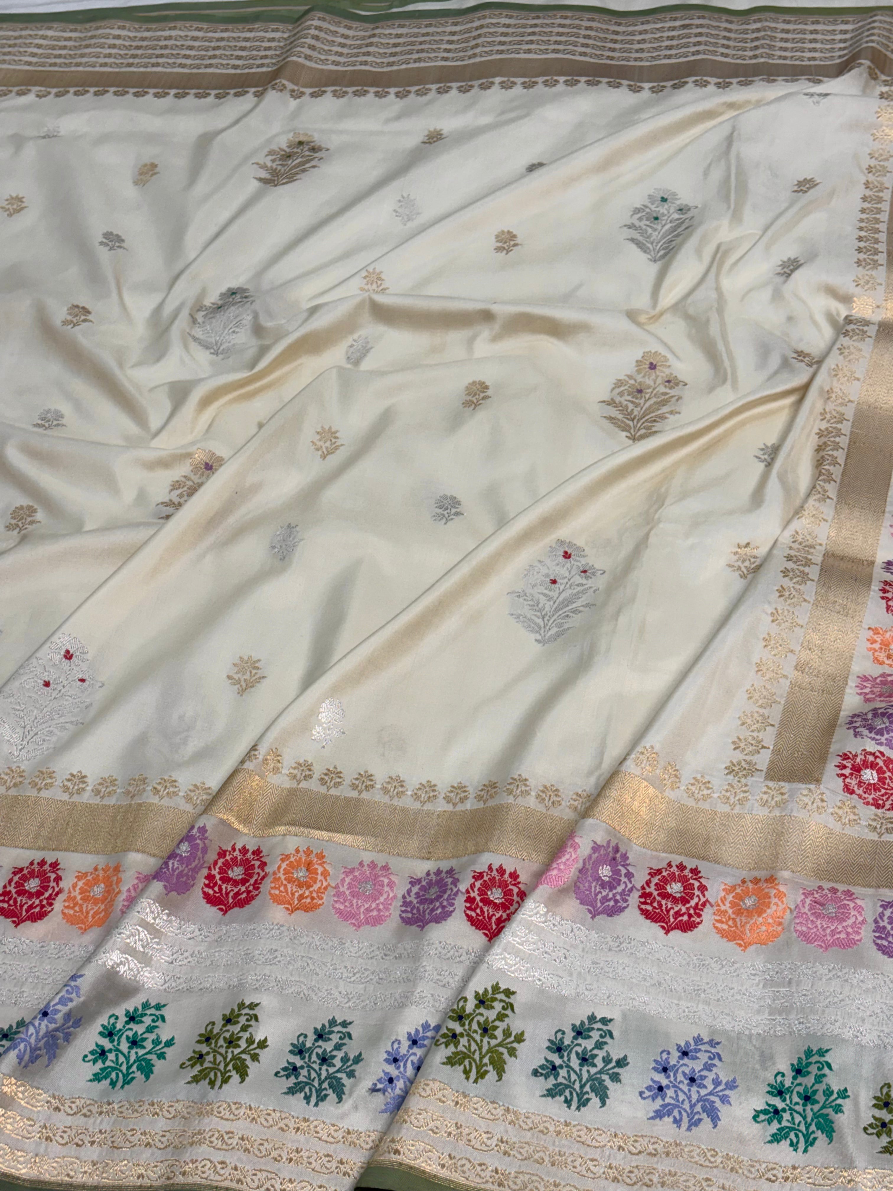 Handwoven Ivory Banarasi Katan Silk Saree with Multicolour Tilfi Meenakari Border and Pallu