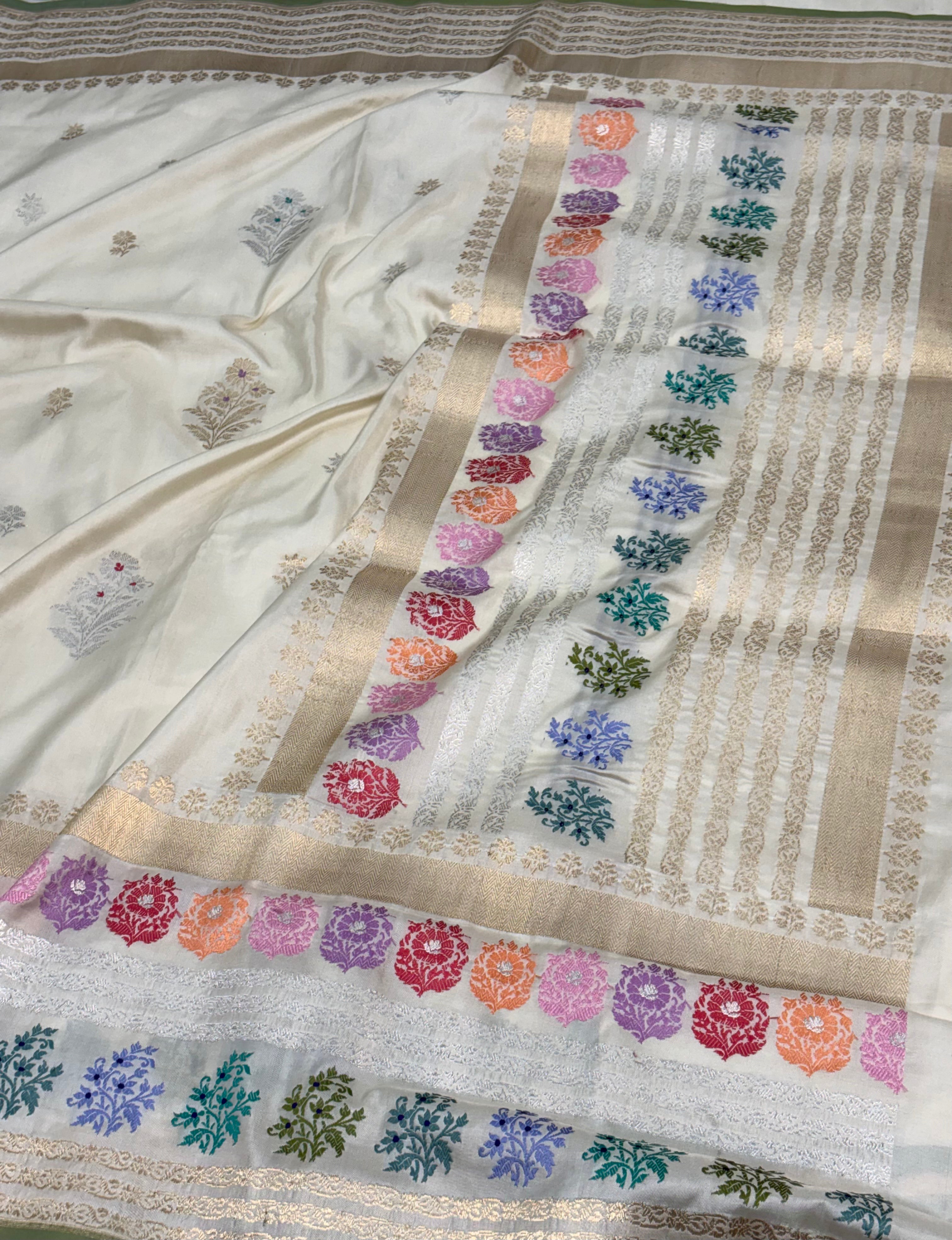 Handwoven Ivory Banarasi Katan Silk Saree with Multicolour Tilfi Meenakari Border and Pallu