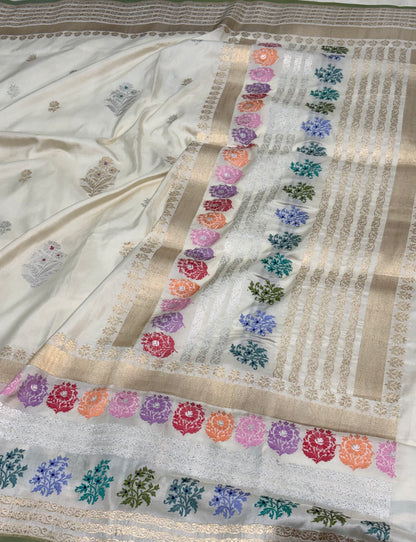 Handwoven Ivory Banarasi Katan Silk Saree with Multicolour Tilfi Meenakari Border and Pallu