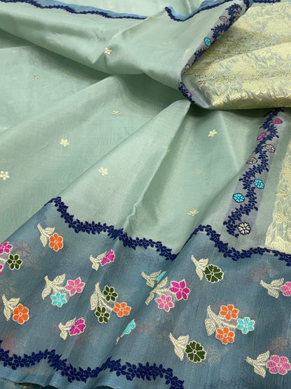 Teal Blue  Handwoven Banarasi Ektara Kora Silk Saree with Multicolour Meenakari Border