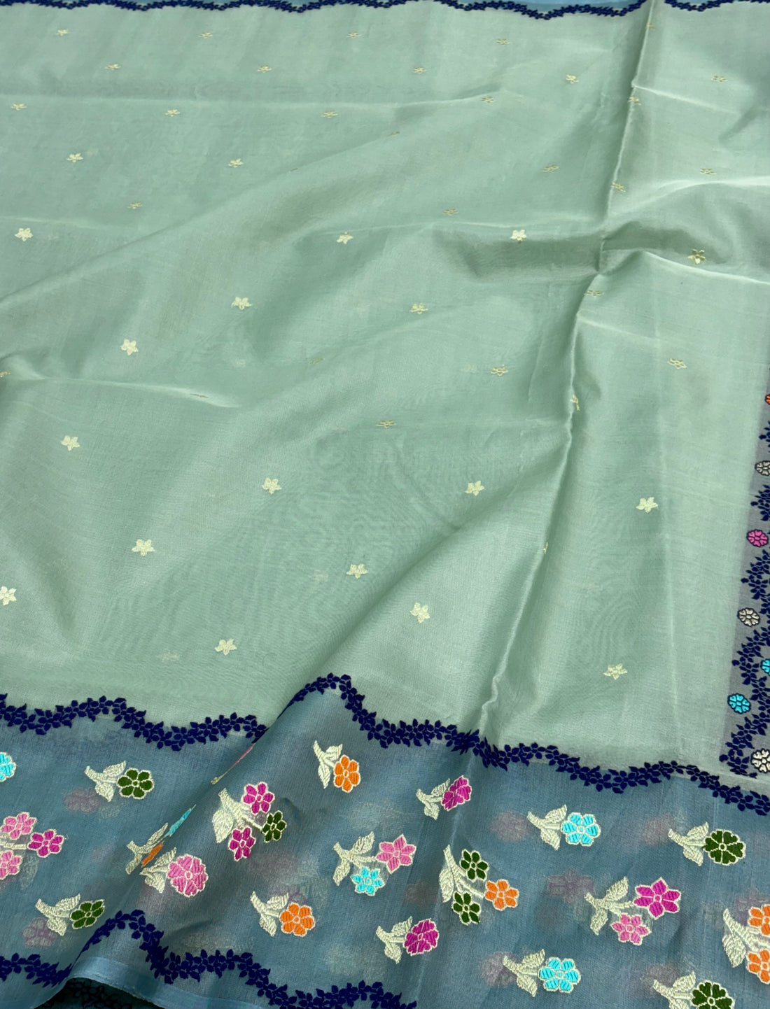 Teal Blue  Handwoven Banarasi Ektara Kora Silk Saree with Multicolour Meenakari Border