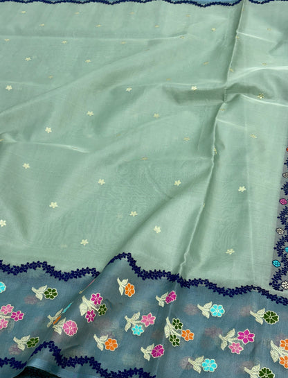 Teal Blue  Handwoven Banarasi Ektara Kora Silk Saree with Multicolour Meenakari Border