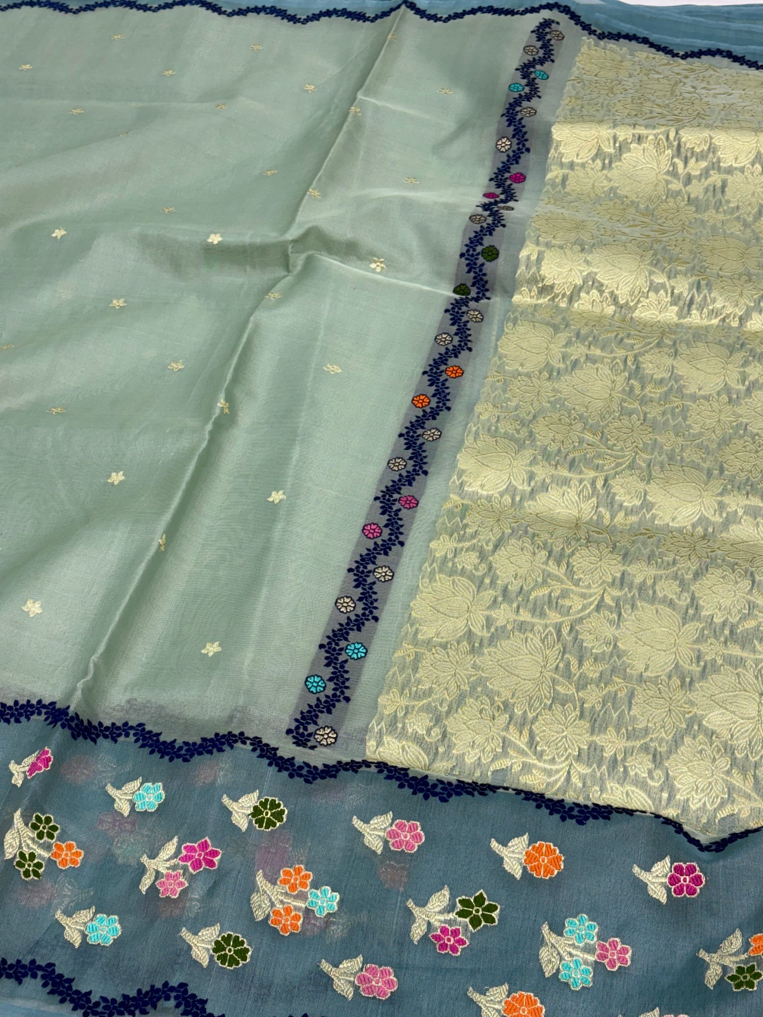 Teal Blue  Handwoven Banarasi Ektara Kora Silk Saree with Multicolour Meenakari Border