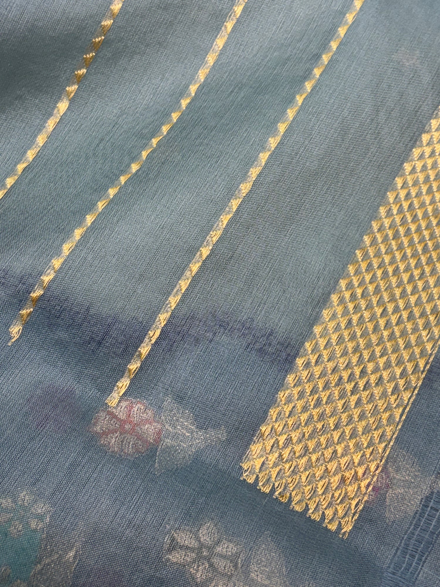 Teal Blue  Handwoven Banarasi Ektara Kora Silk Saree with Multicolour Meenakari Border