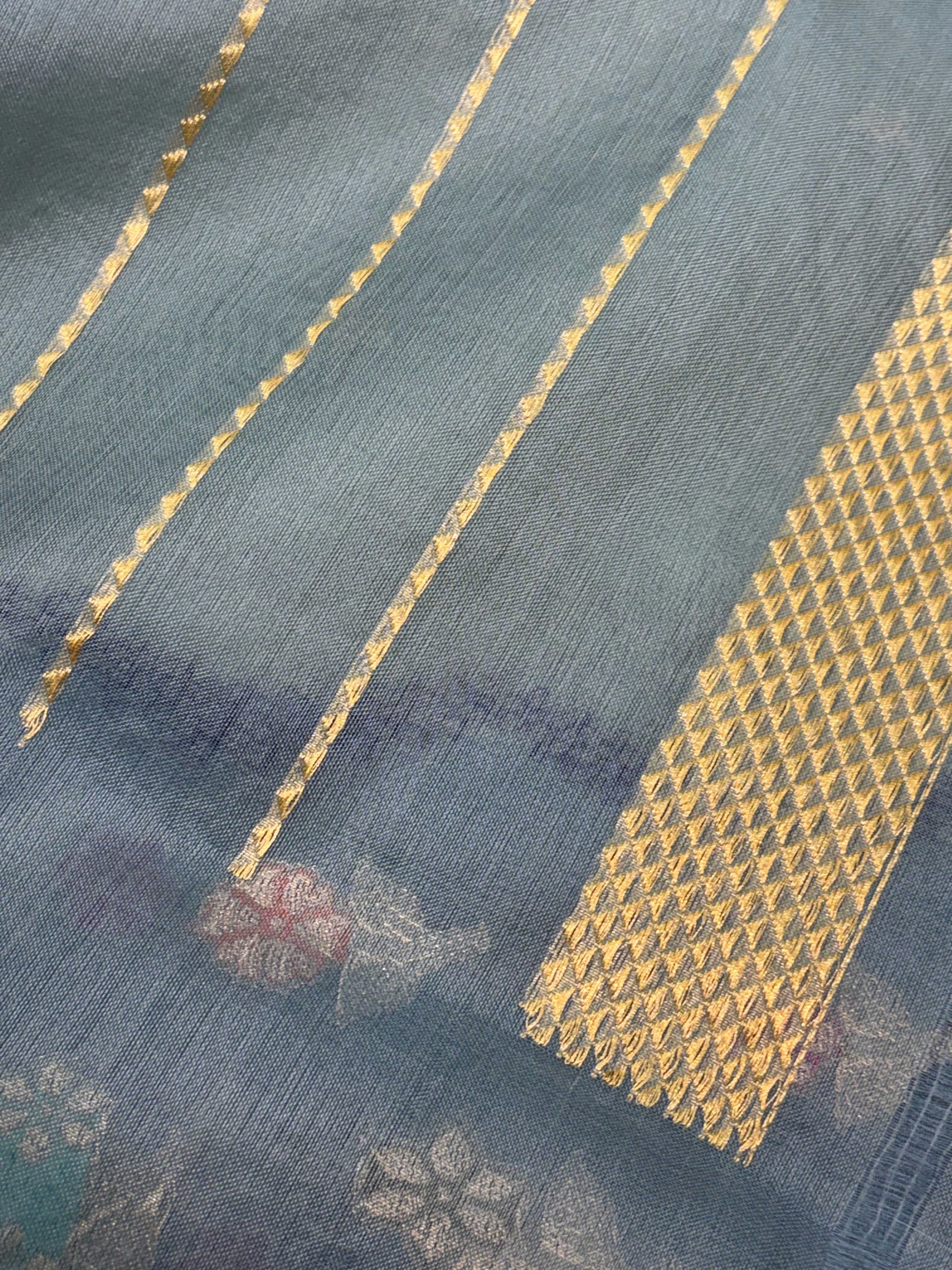 Teal Blue  Handwoven Banarasi Ektara Kora Silk Saree with Multicolour Meenakari Border