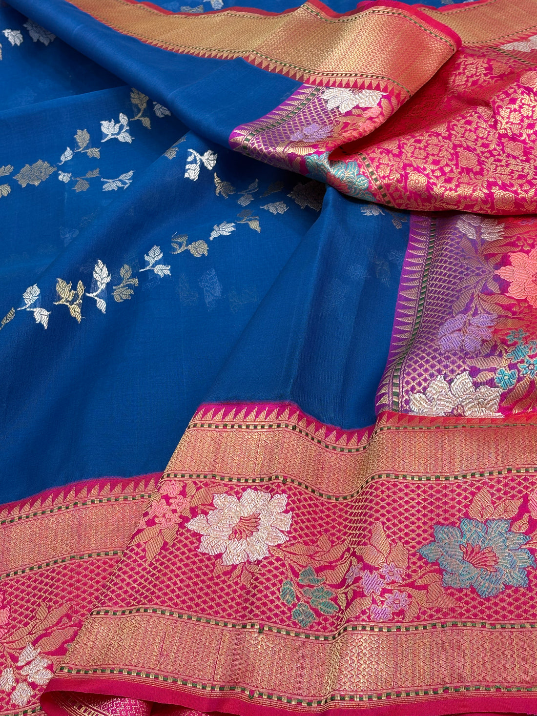 Royal Blue Handwoven Banarasi  Rupa Sona Saree with Pink Kadhiyal Meenakari Border