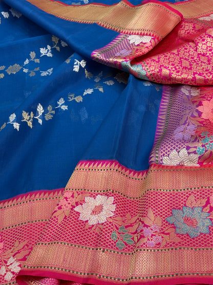Royal Blue Handwoven Banarasi  Rupa Sona Saree with Pink Kadhiyal Meenakari Border
