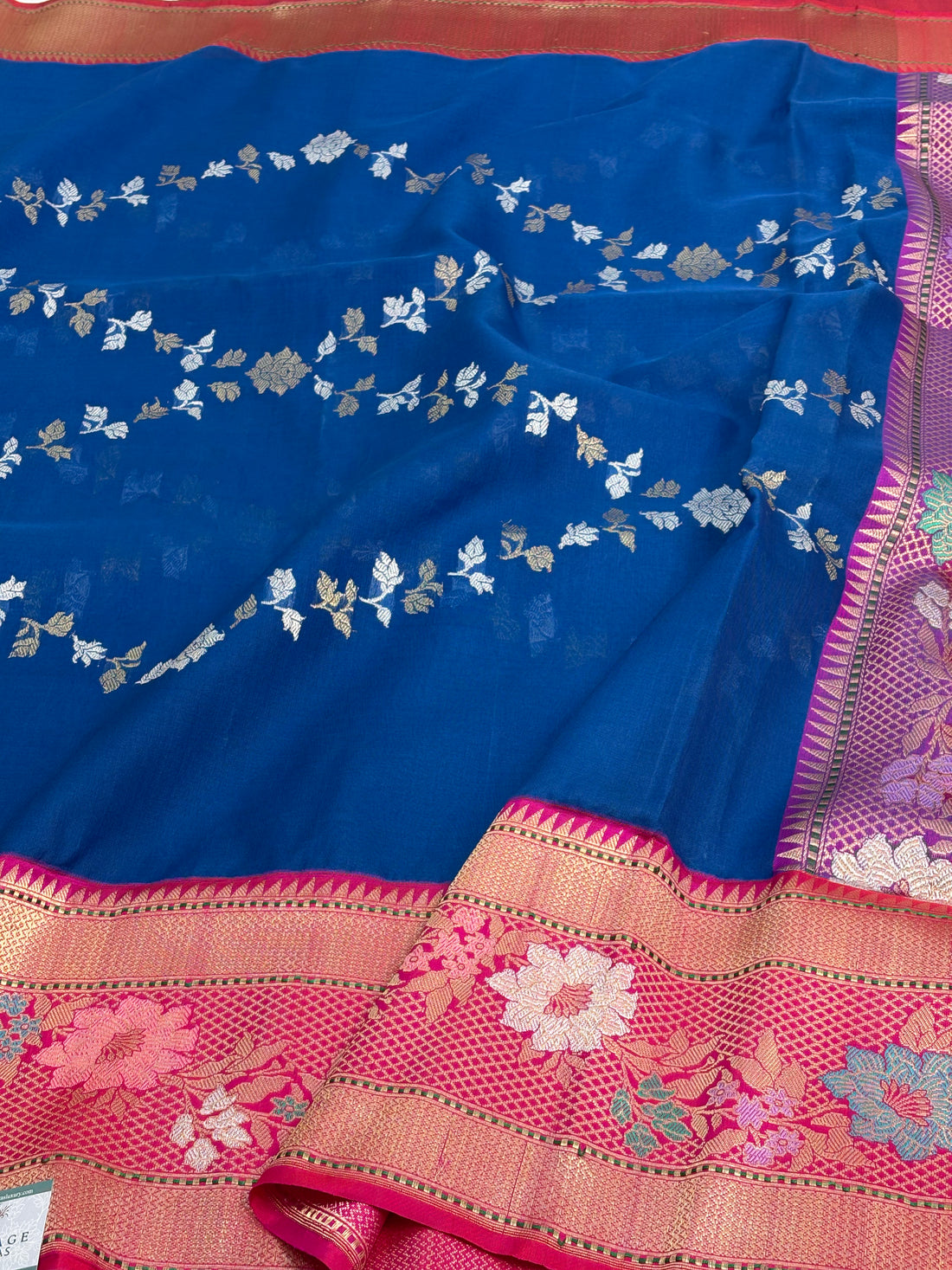 Royal Blue Handwoven Banarasi  Rupa Sona Saree with Pink Kadhiyal Meenakari Border