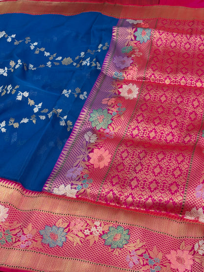 Royal Blue Handwoven Banarasi  Rupa Sona Saree with Pink Kadhiyal Meenakari Border