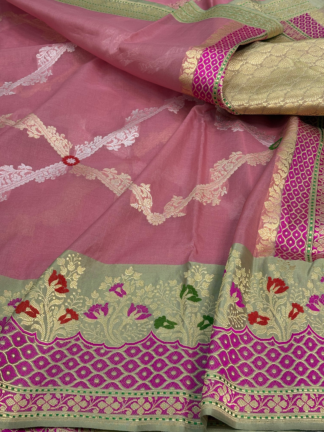 Pink Handwoven Kora Banarasi Saree with Sea Green Katan Silk Border