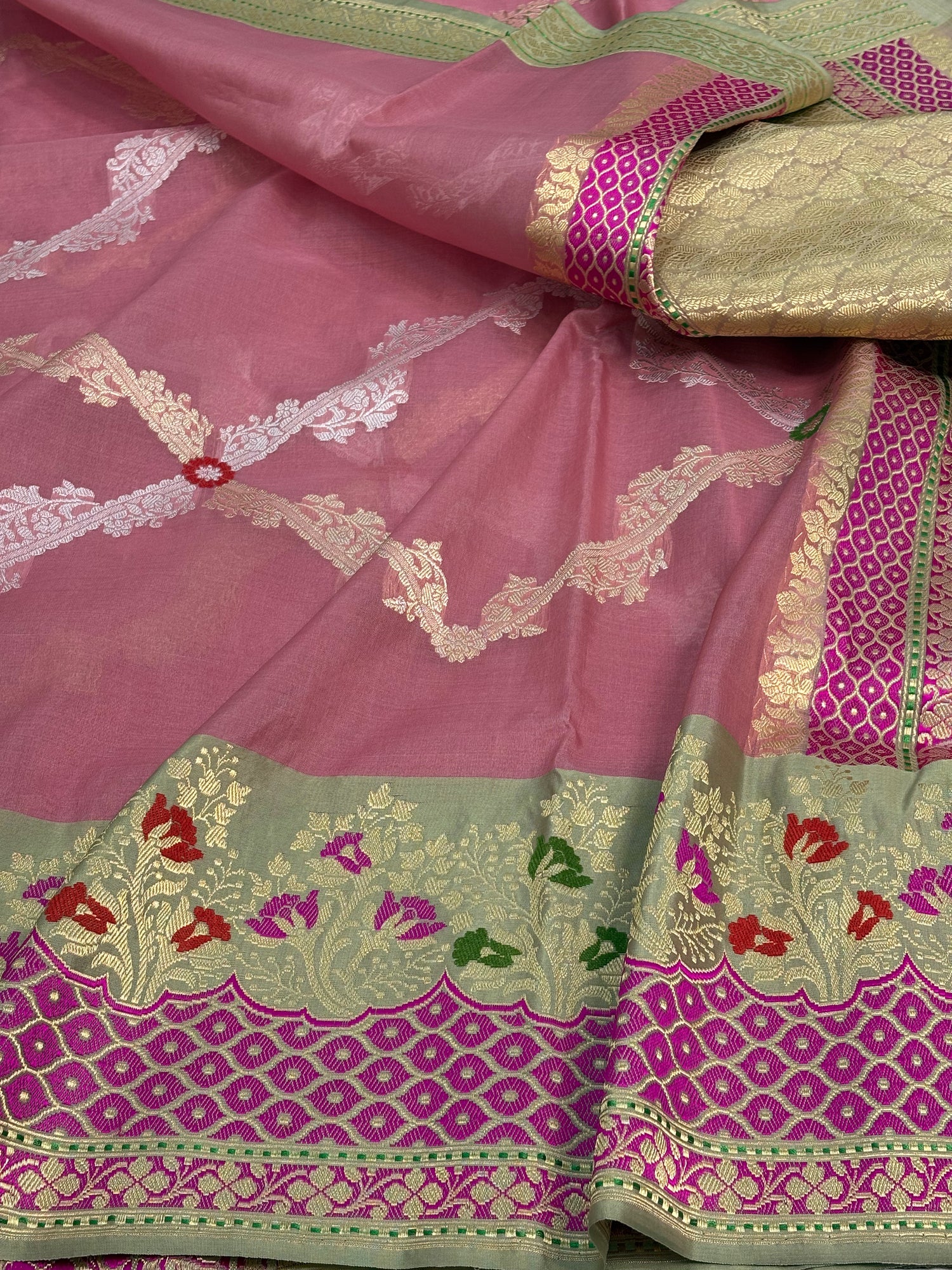 Pink Handwoven Kora Banarasi Saree with Sea Green Katan Silk Border