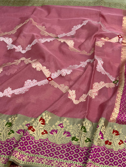 Pink Handwoven Kora Banarasi Saree with Sea Green Katan Silk Border