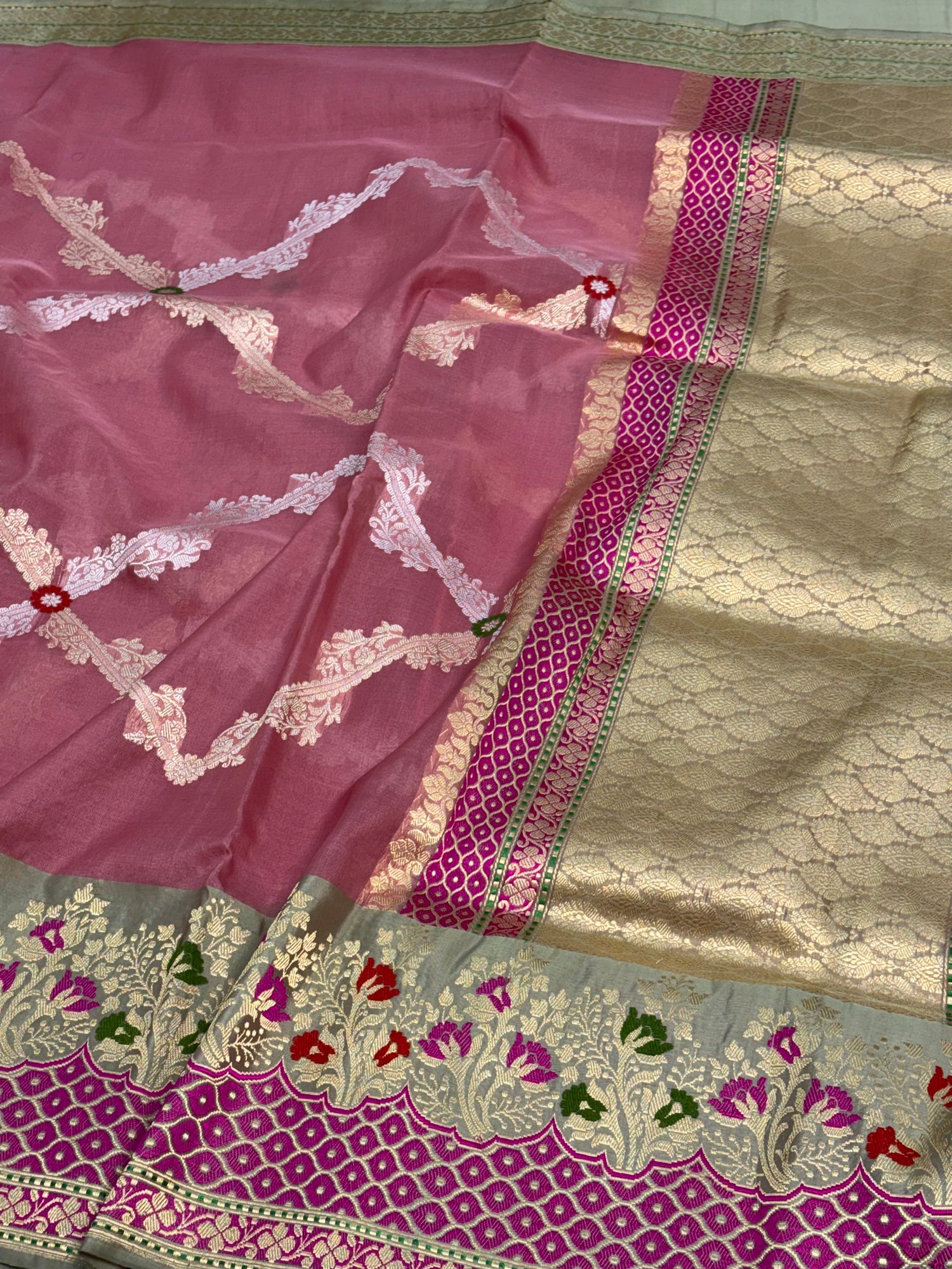 Pink Handwoven Kora Banarasi Saree with Sea Green Katan Silk Border