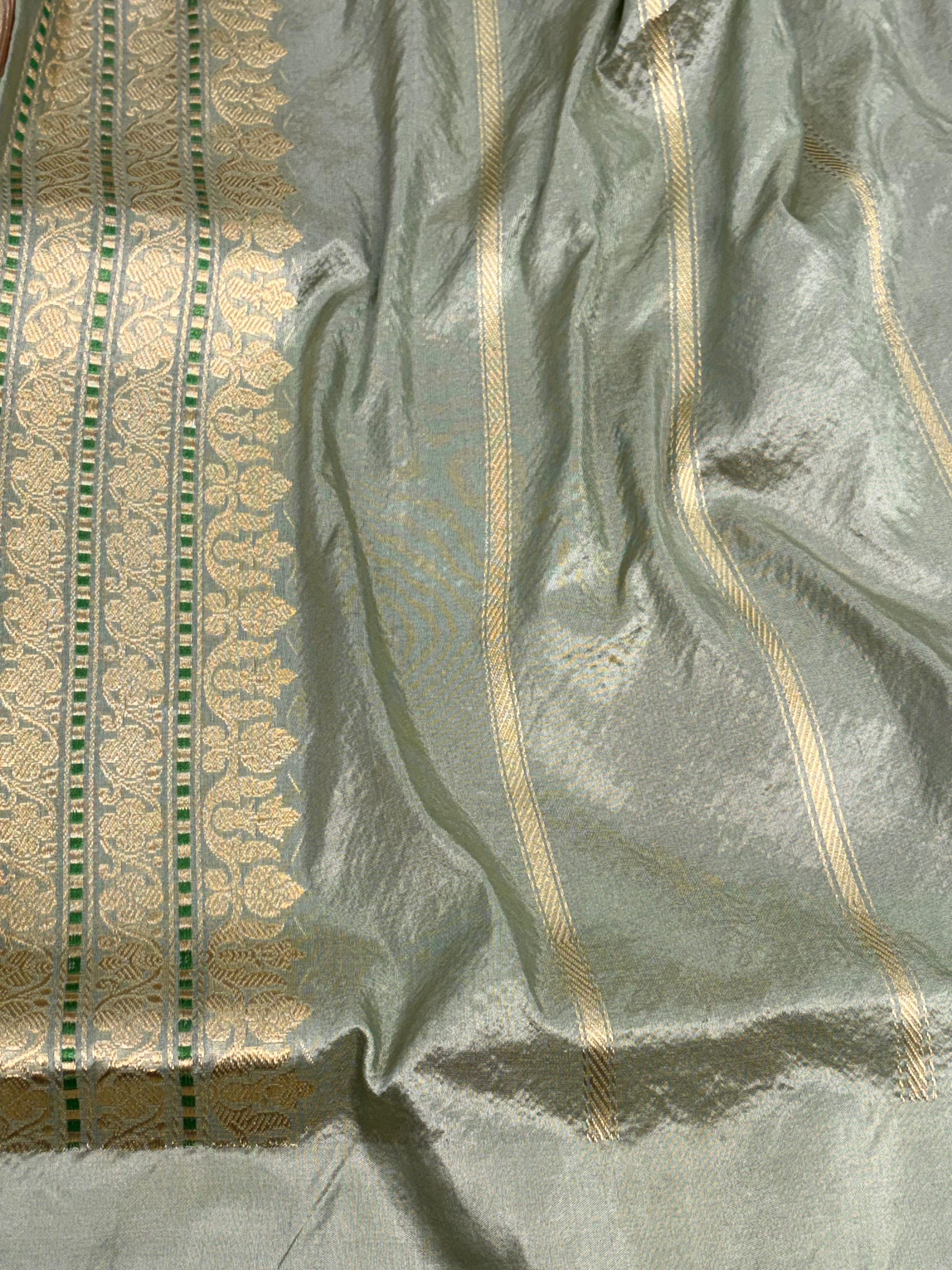 Pink Handwoven Kora Banarasi Saree with Sea Green Katan Silk Border