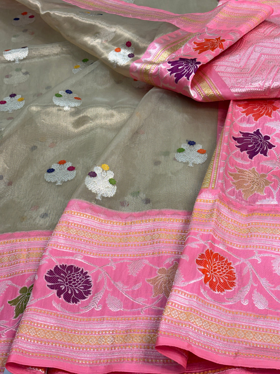 Handwoven Tissue Banarasi Saree with Baby Pink Kadhiyal Katan Silk Border