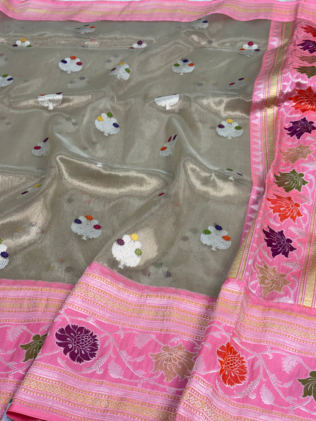 Handwoven Tissue Banarasi Saree with Baby Pink Kadhiyal Katan Silk Border
