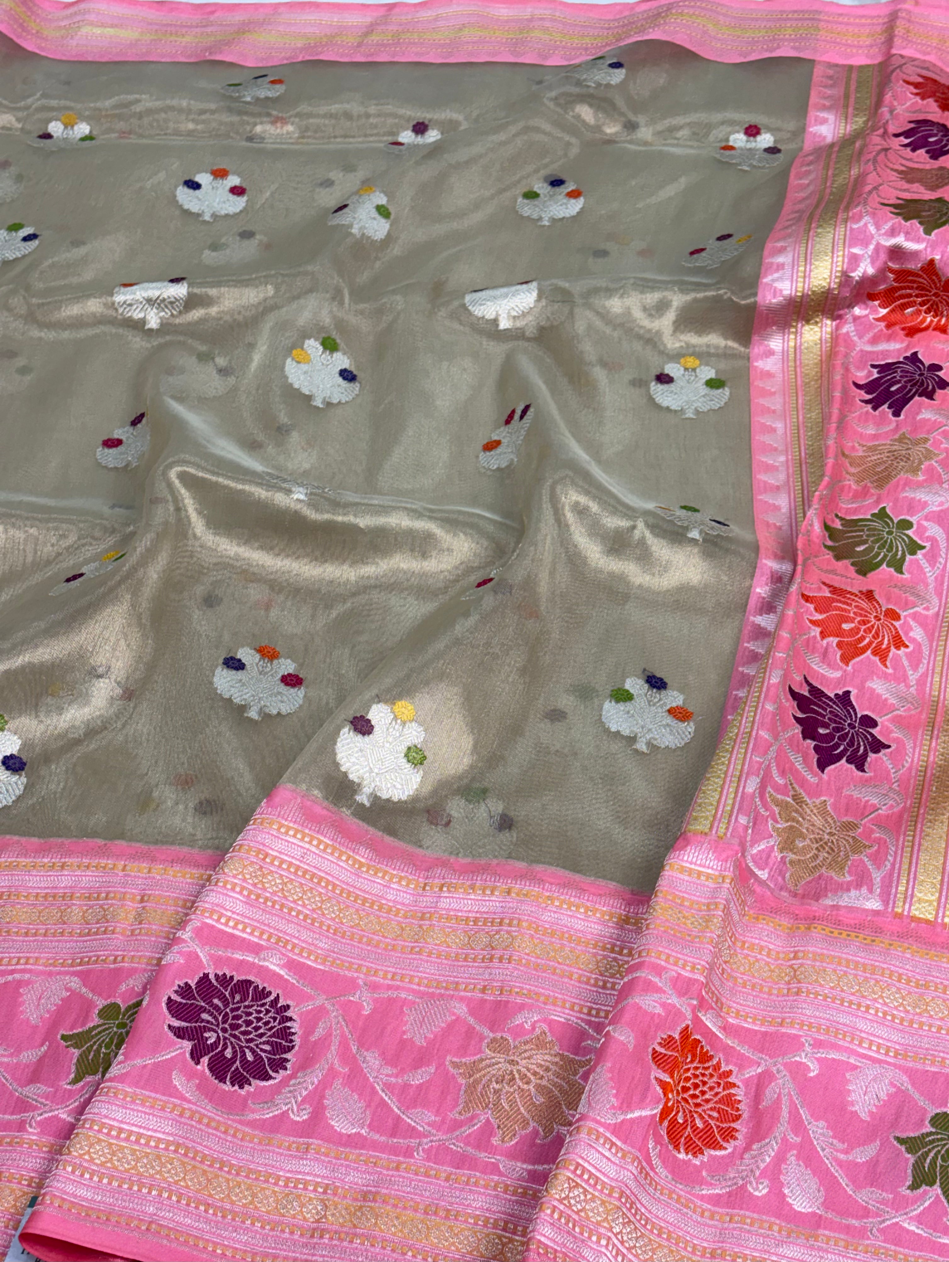 Handwoven Tissue Banarasi Saree with Baby Pink Kadhiyal Katan Silk Border