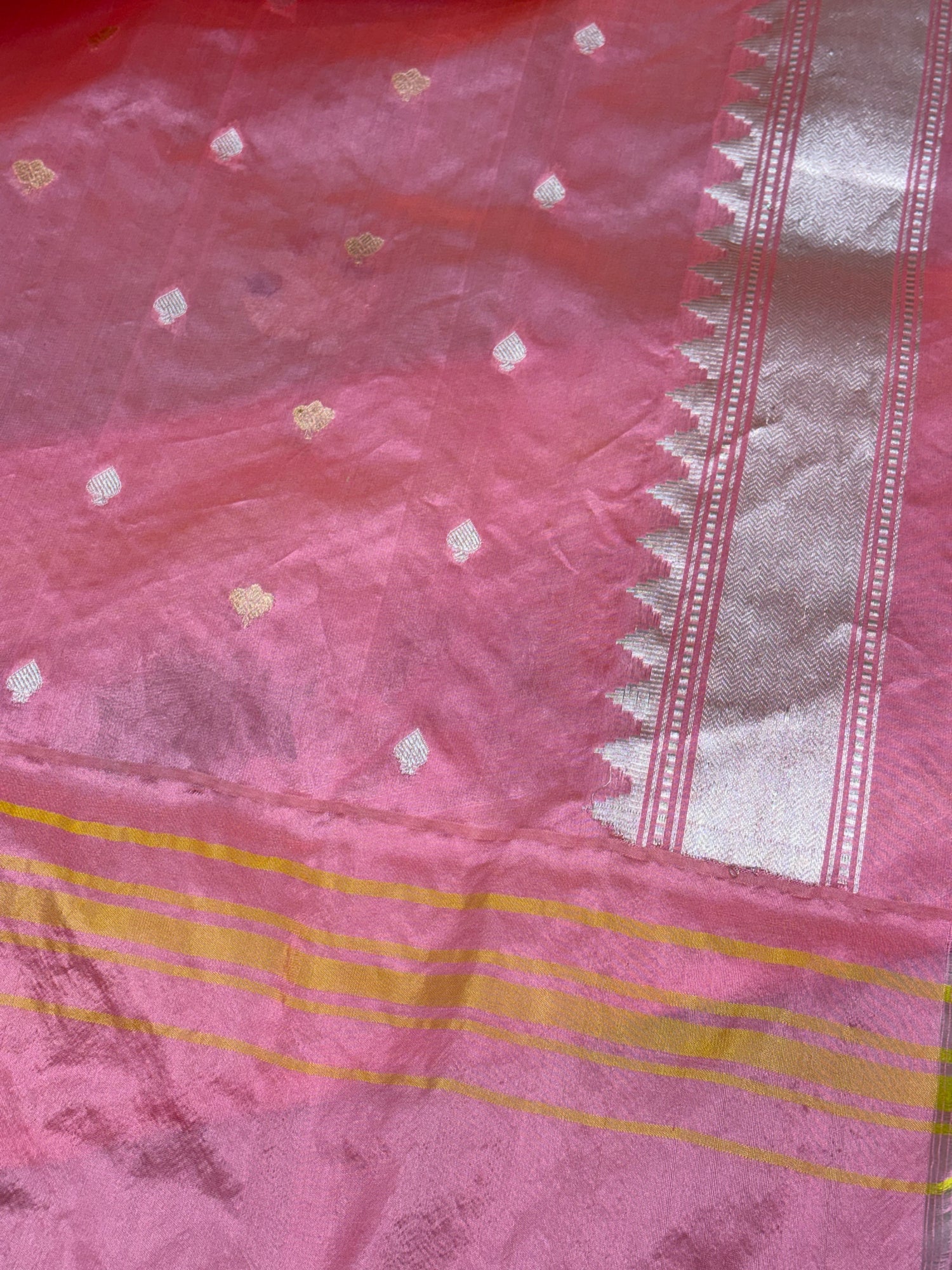 Handwoven Tissue Banarasi Saree with Baby Pink Kadhiyal Katan Silk Border