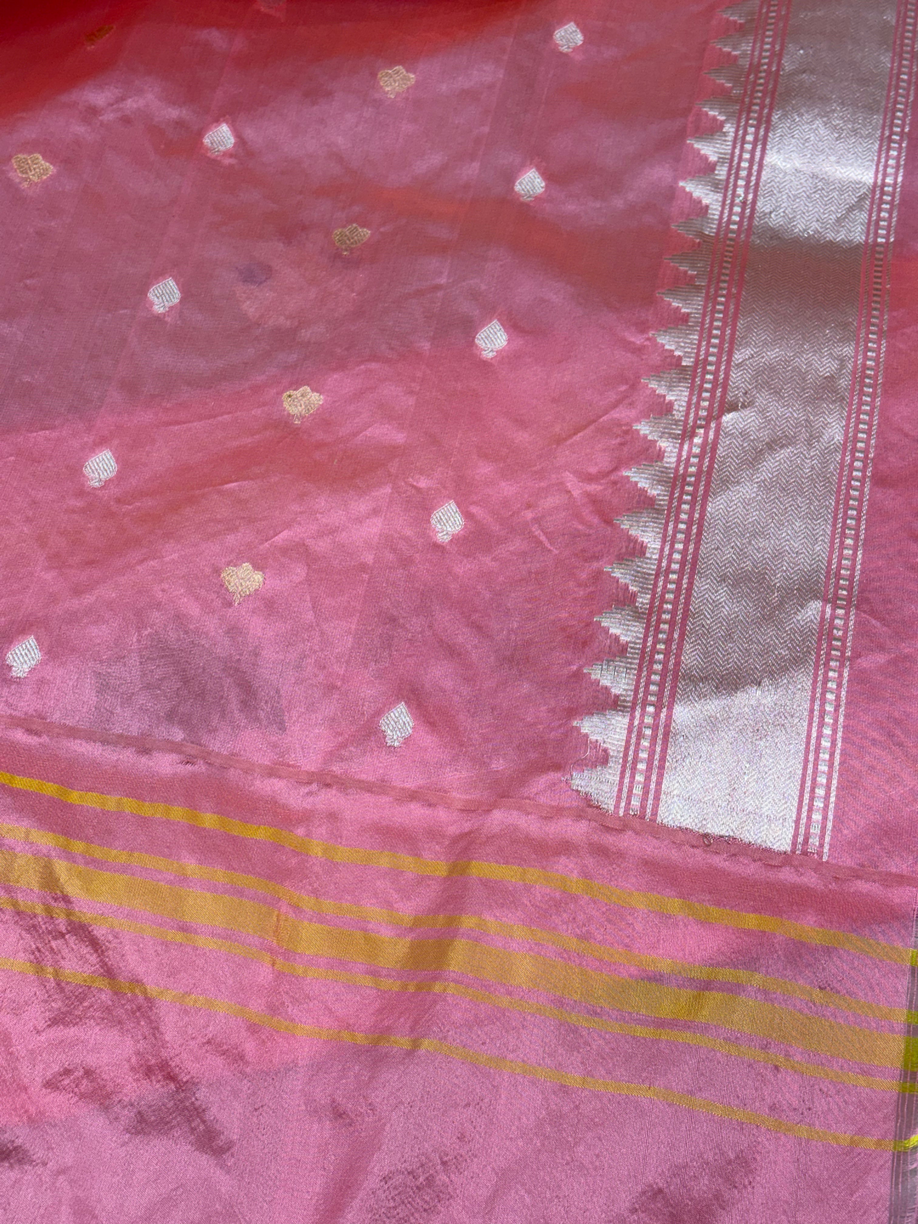 Handwoven Tissue Banarasi Saree with Baby Pink Kadhiyal Katan Silk Border