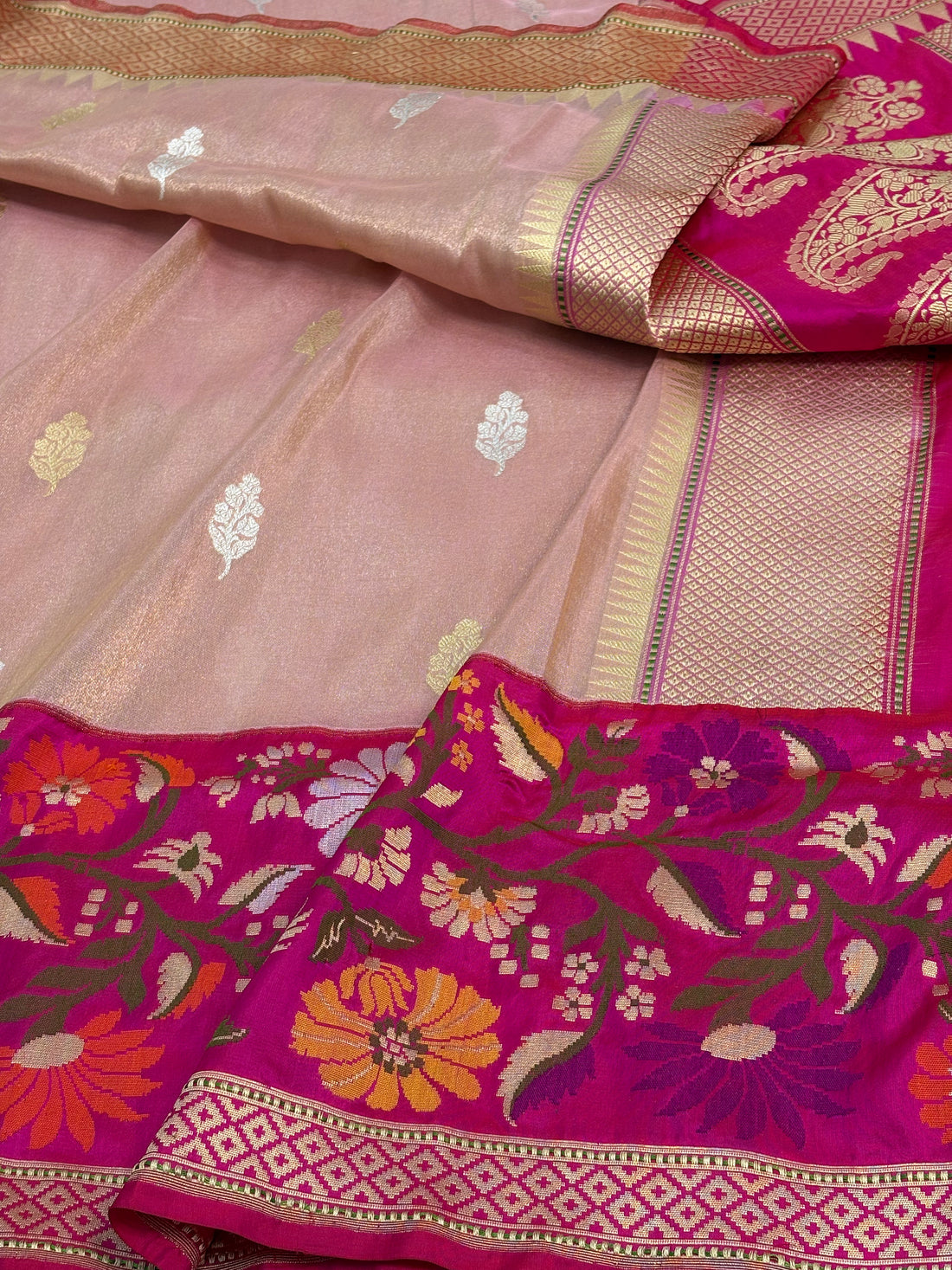 Pink Tissue Kadhiyal Banarasi Saree with Katan silk meenakari border