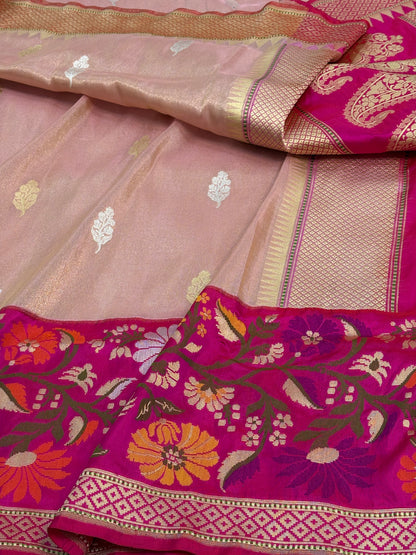 Pink Tissue Kadhiyal Banarasi Saree with Katan silk meenakari border