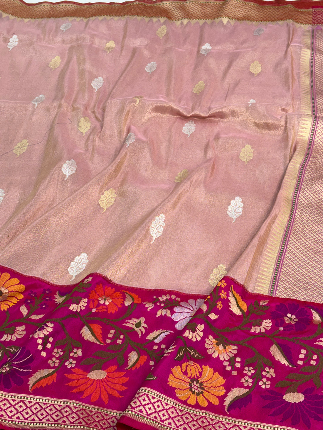 Pink Tissue Kadhiyal Banarasi Saree with Katan silk meenakari border