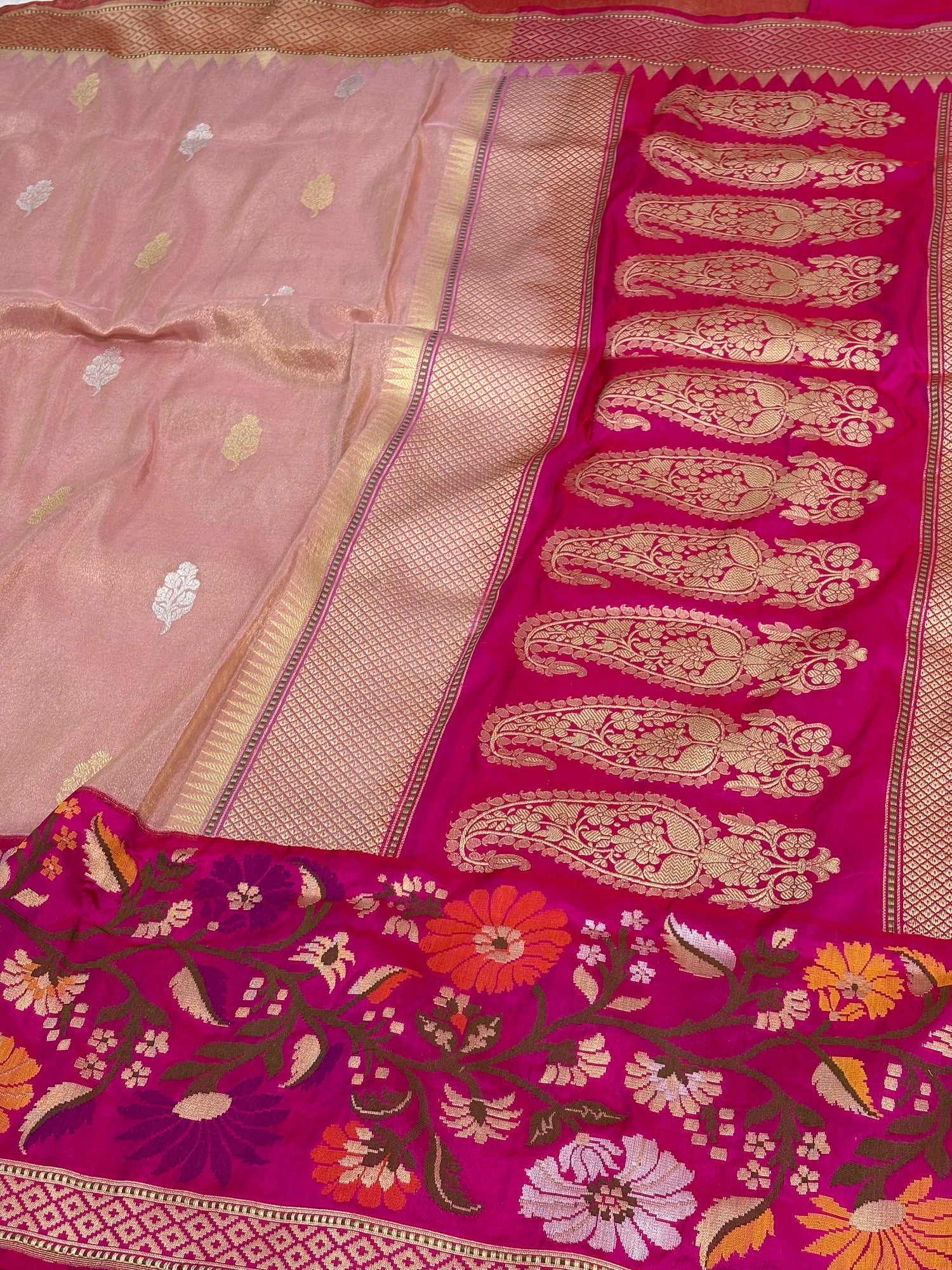 Pink Tissue Kadhiyal Banarasi Saree with Katan silk meenakari border