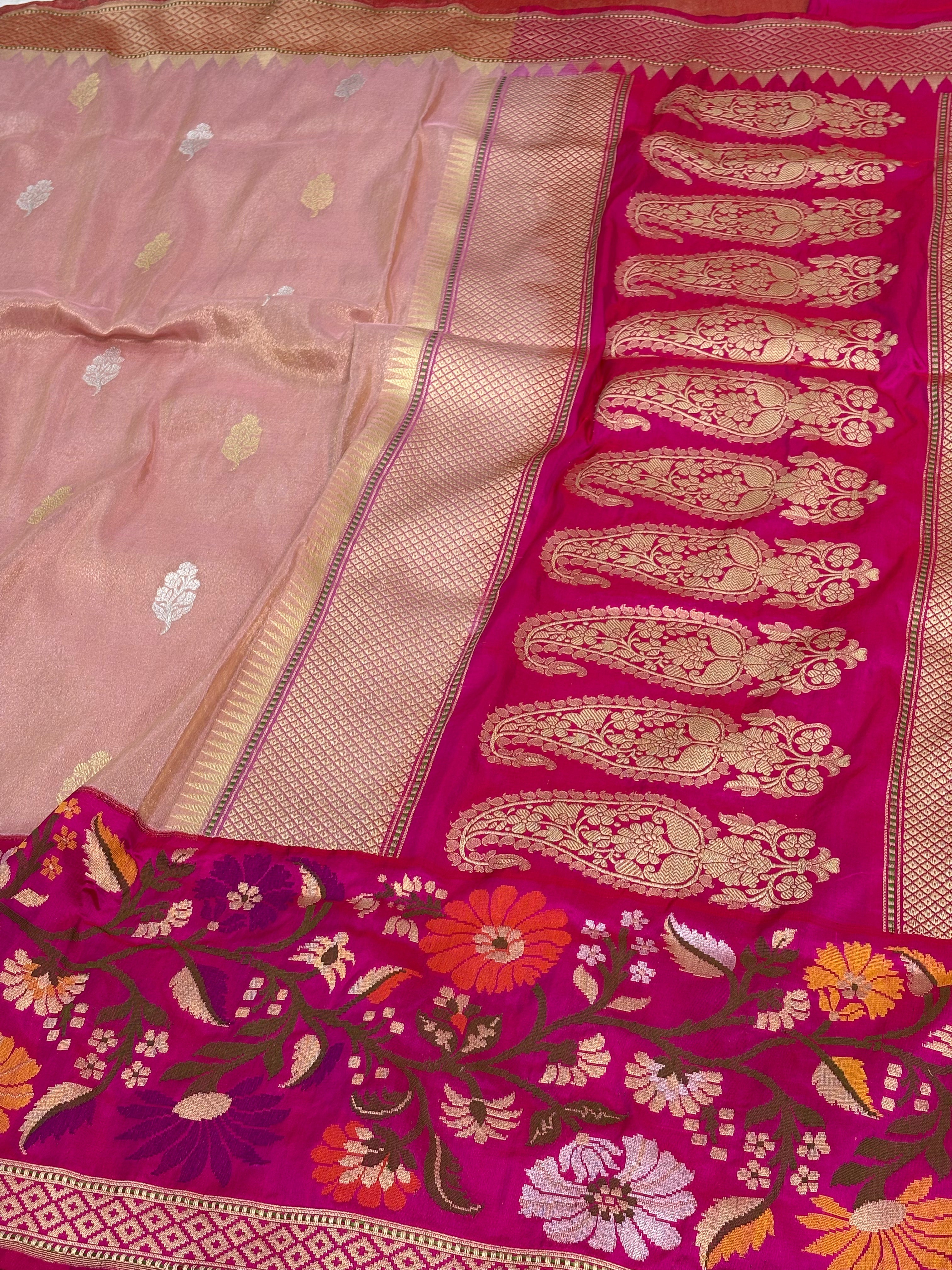 Pink Tissue Kadhiyal Banarasi Saree with Katan silk meenakari border