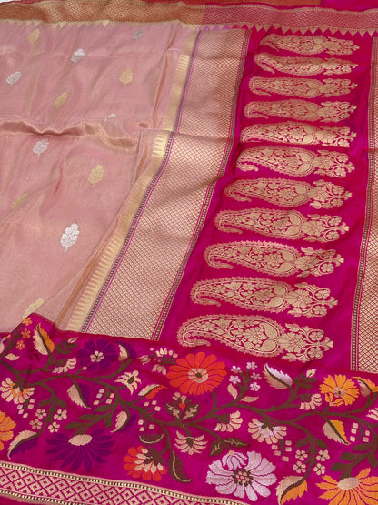 Pink Tissue Kadhiyal Banarasi Saree with Katan silk meenakari border