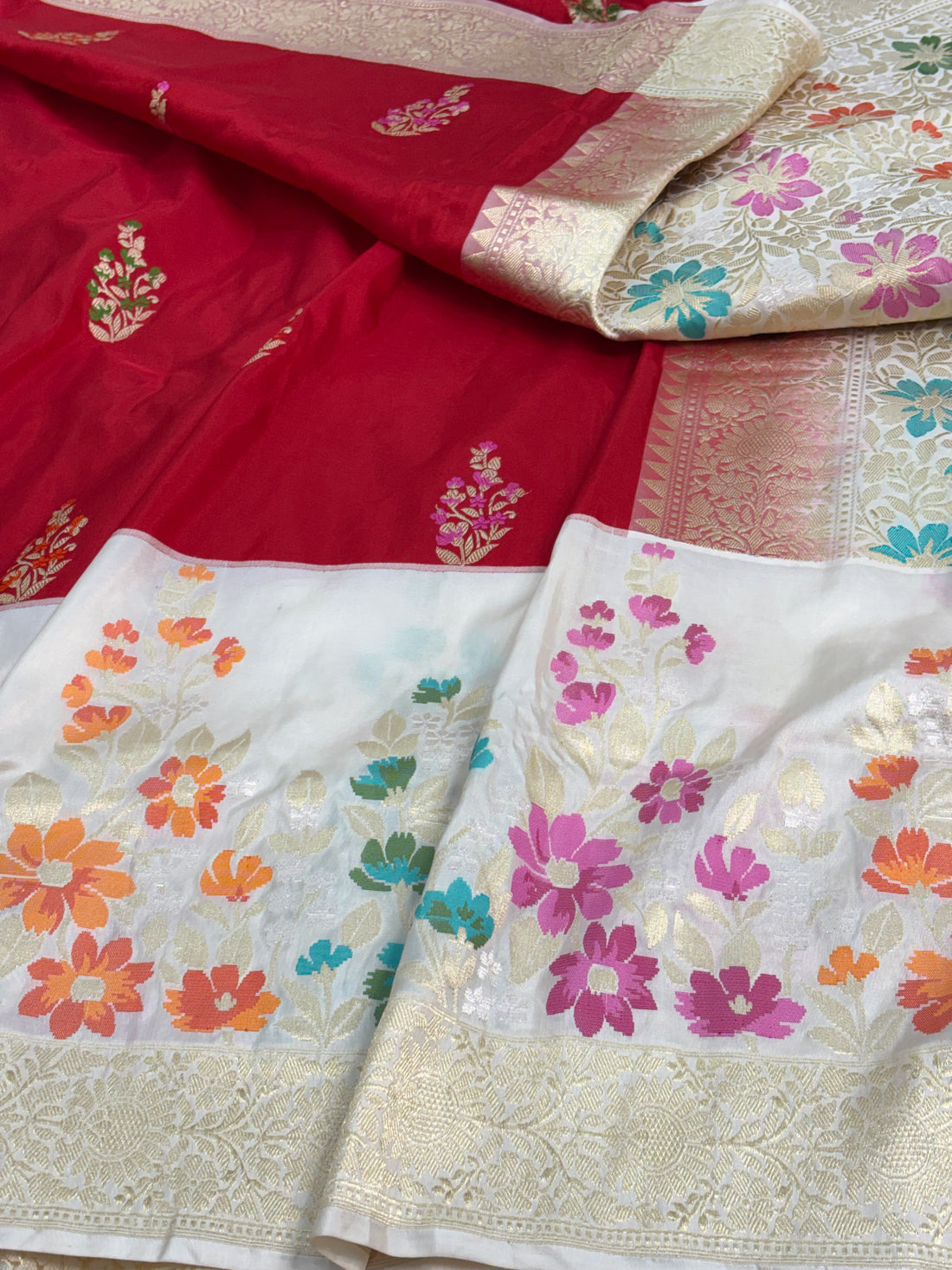 Red Kadhiyal Banarasi Katan Silk Saree with White Jamdani-Inspired Border