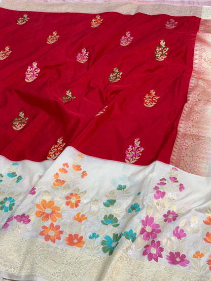 Red Kadhiyal Banarasi Katan Silk Saree with White Jamdani-Inspired Border