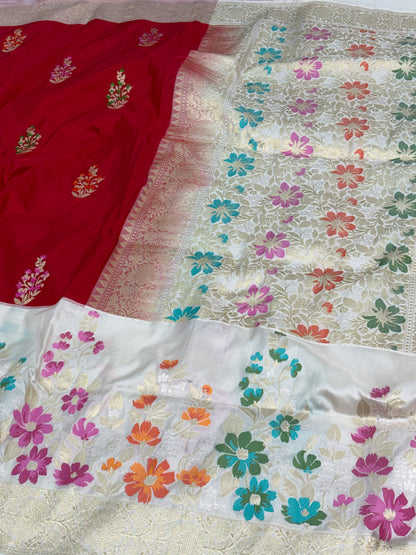 Red Kadhiyal Banarasi Katan Silk Saree with White Jamdani-Inspired Border