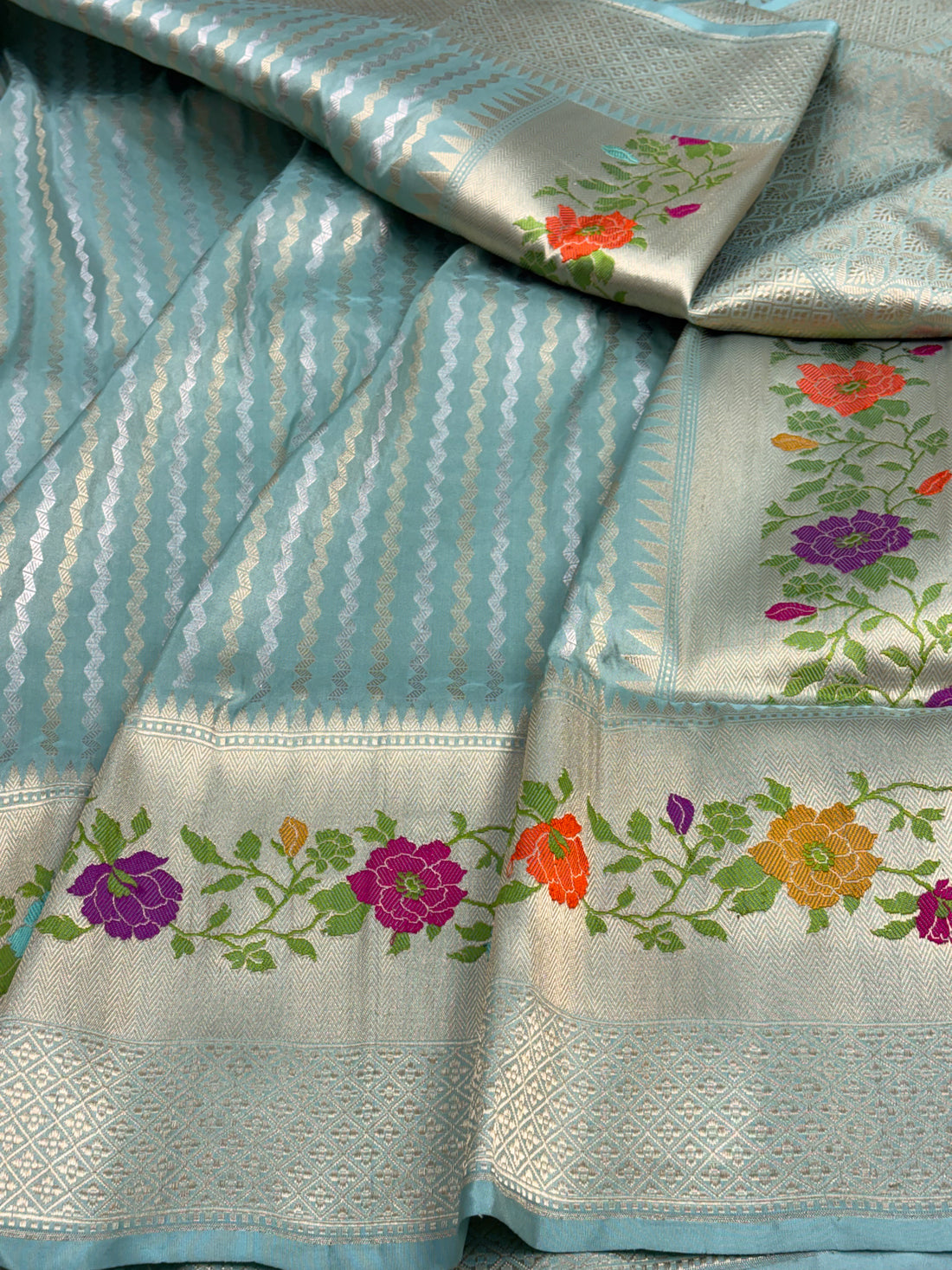 Teal Blue Banarasi Rupa Sona Stripe Katan Silk Saree