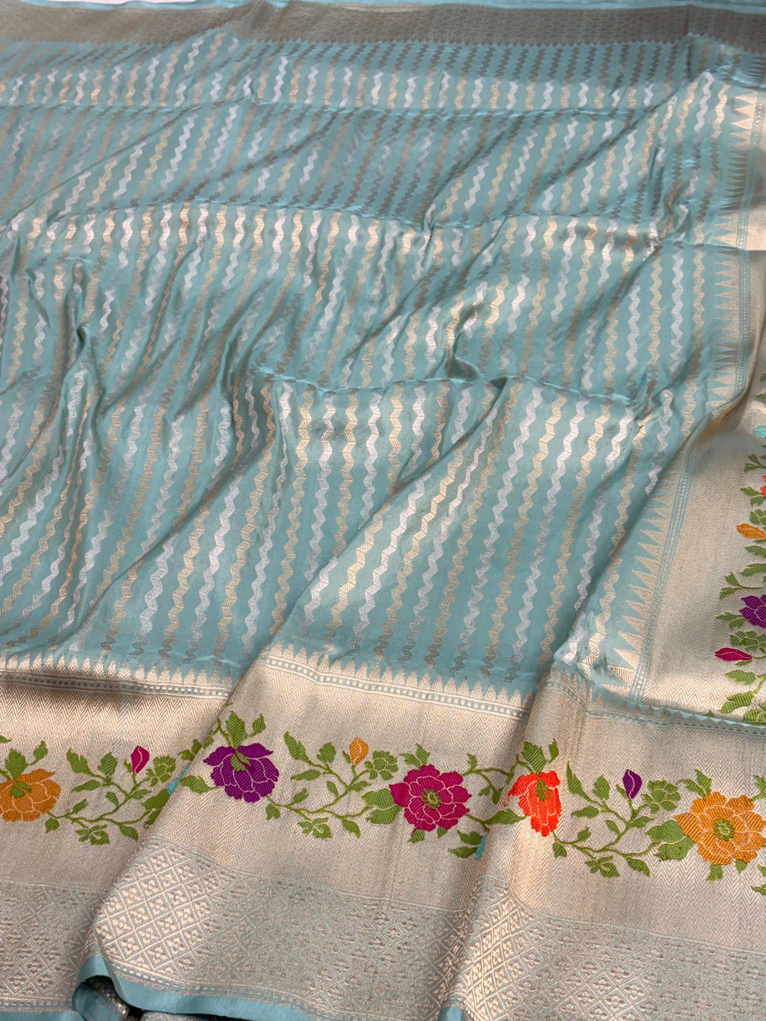 Teal Blue Banarasi Rupa Sona Stripe Katan Silk Saree