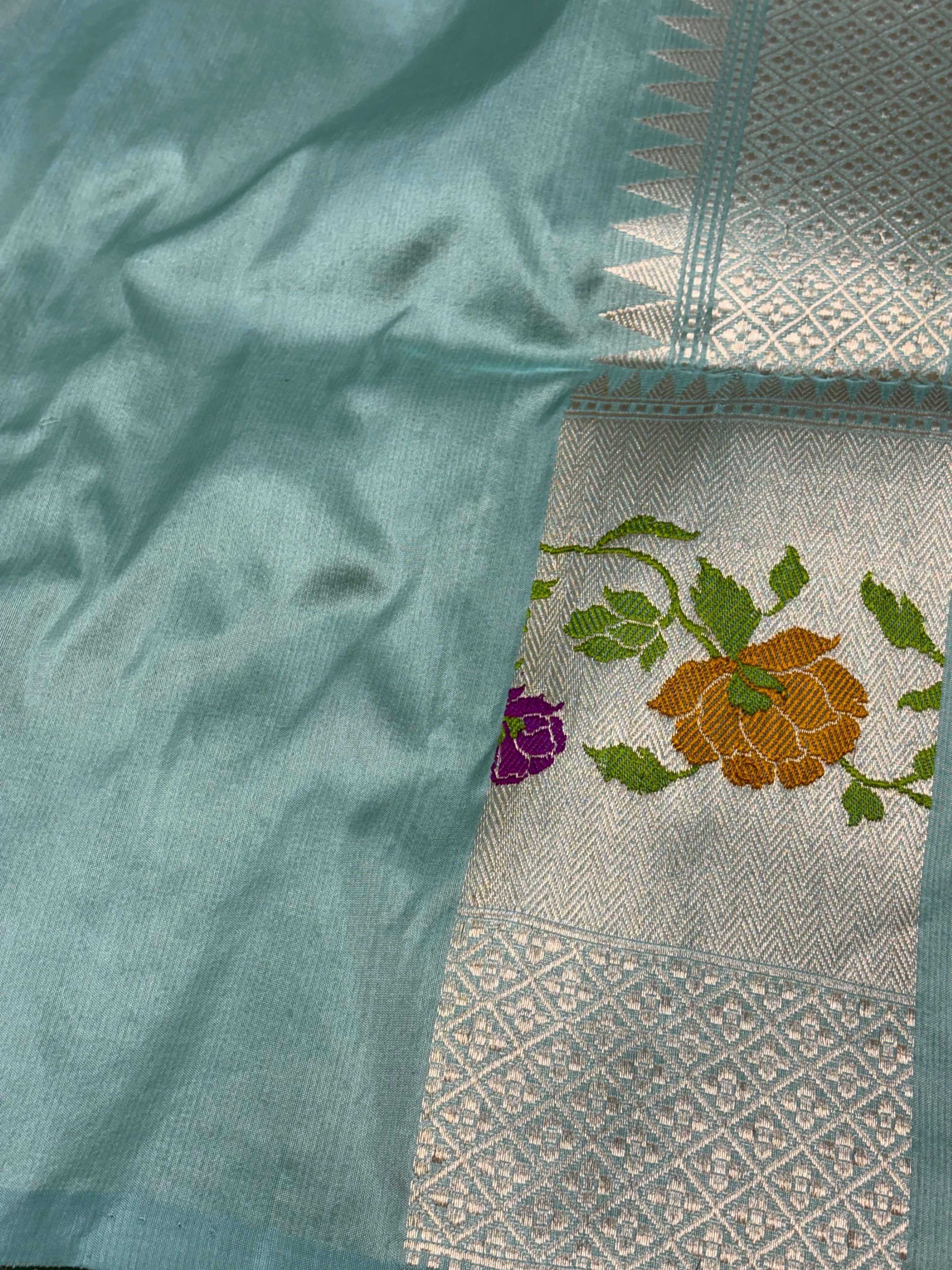 Teal Blue Banarasi Rupa Sona Stripe Katan Silk Saree