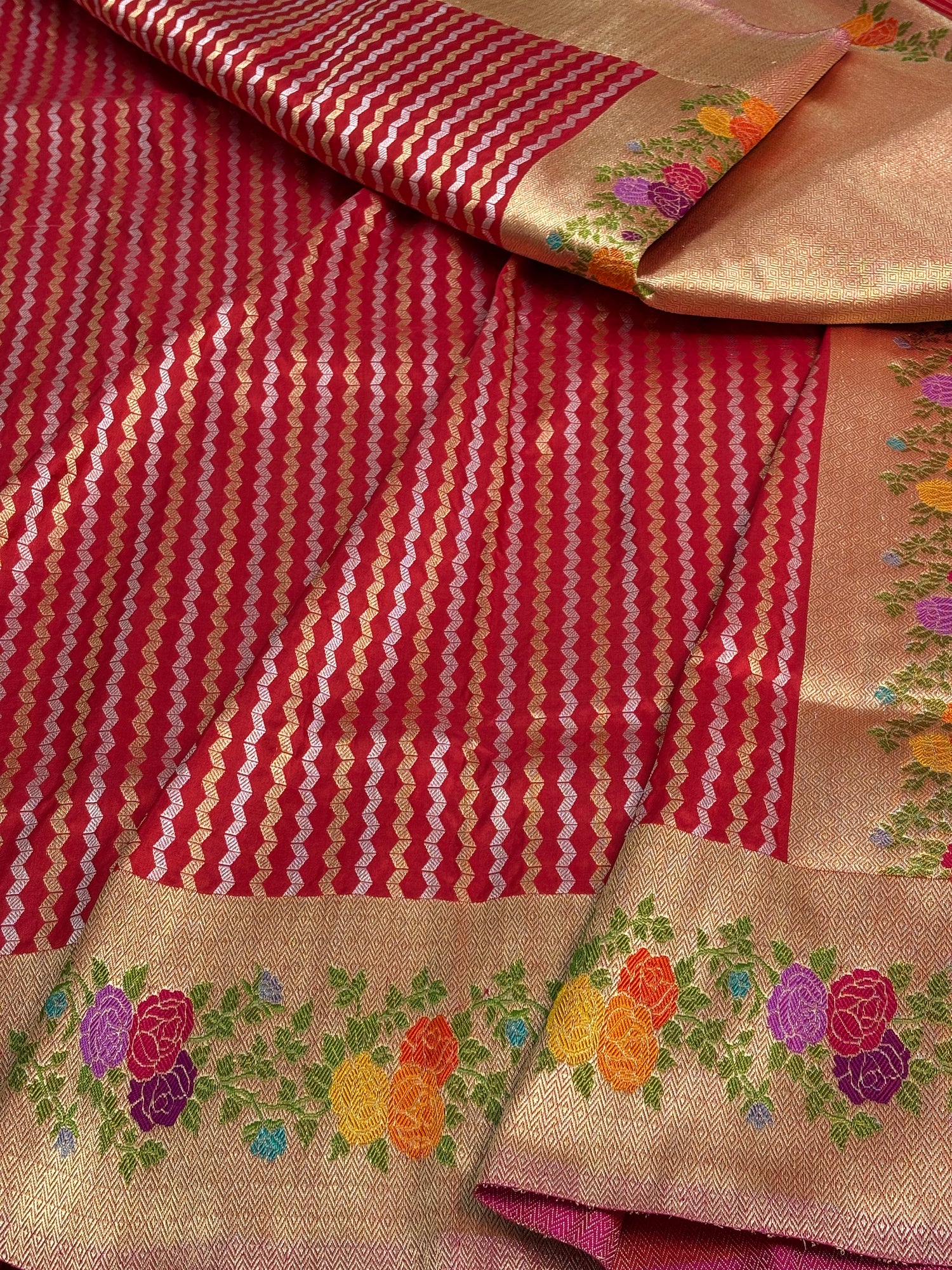 Handloom Red Banarasi Rupa Sona Stripe Saree with Meenakari Floral Border