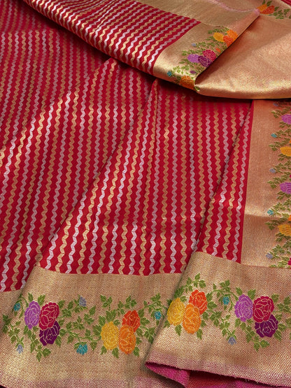 Handloom Red Banarasi Rupa Sona Stripe Saree with Meenakari Floral Border