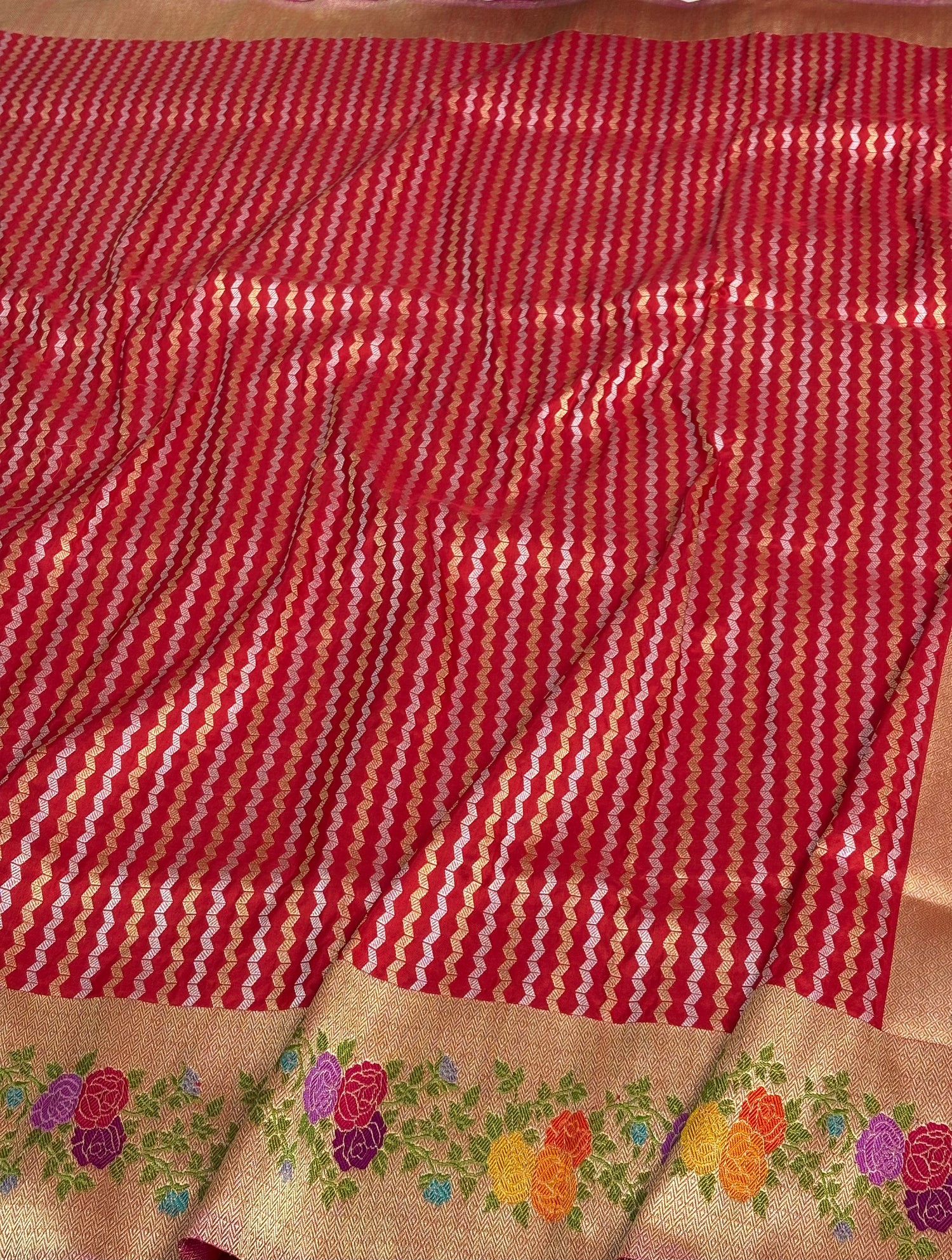 Handloom Red Banarasi Rupa Sona Stripe Saree with Meenakari Floral Border