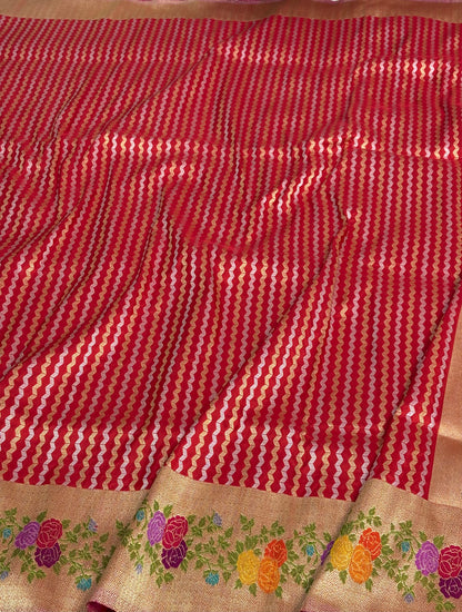 Handloom Red Banarasi Rupa Sona Stripe Saree with Meenakari Floral Border