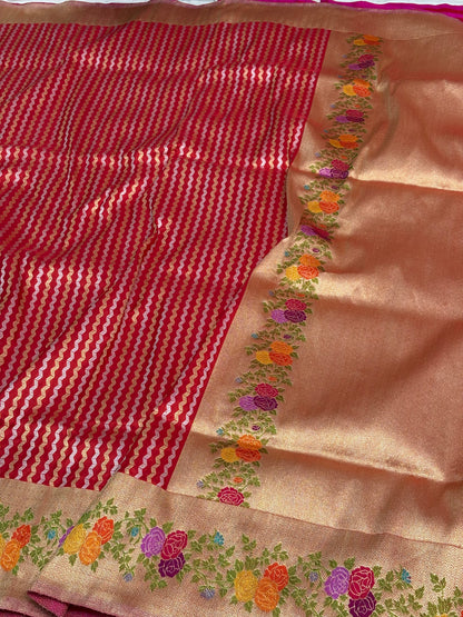 Handloom Red Banarasi Rupa Sona Stripe Saree with Meenakari Floral Border