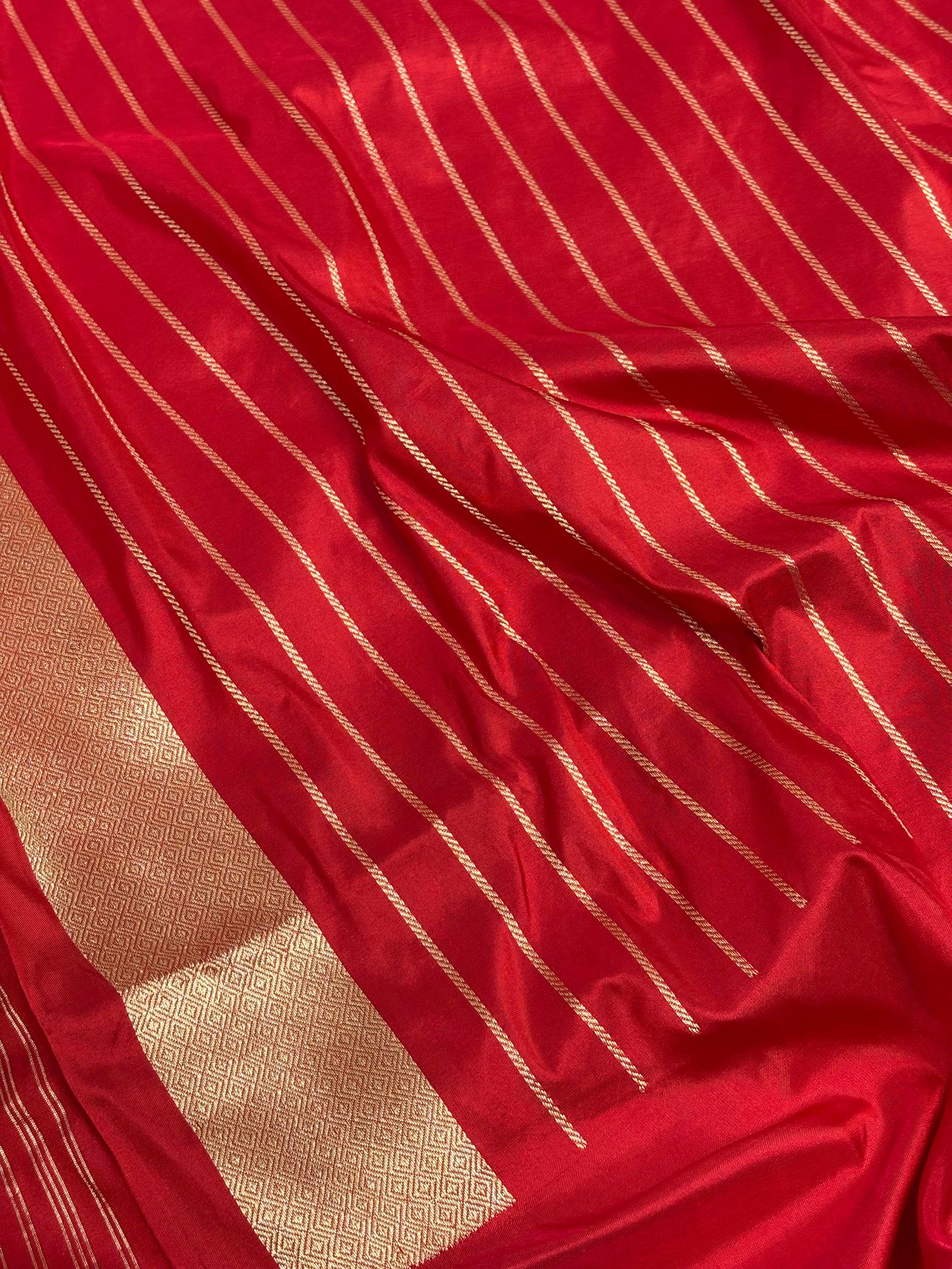 Handloom Red Banarasi Rupa Sona Stripe Saree with Meenakari Floral Border