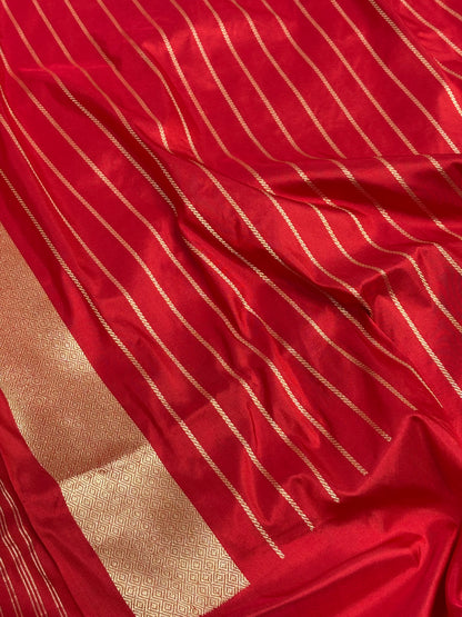 Handloom Red Banarasi Rupa Sona Stripe Saree with Meenakari Floral Border