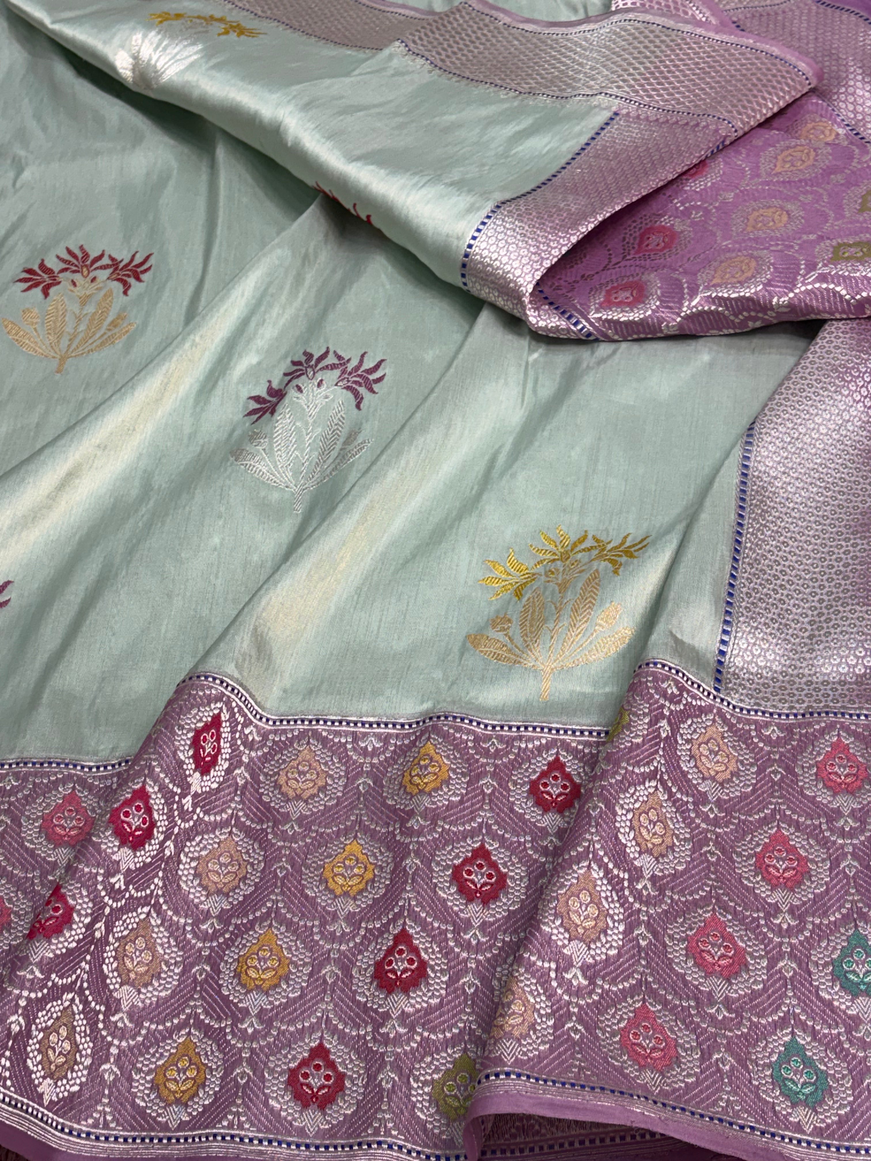 Sky Blue Tissue Kadhiyal Banarasi Saree with Meenakari Banarasi border