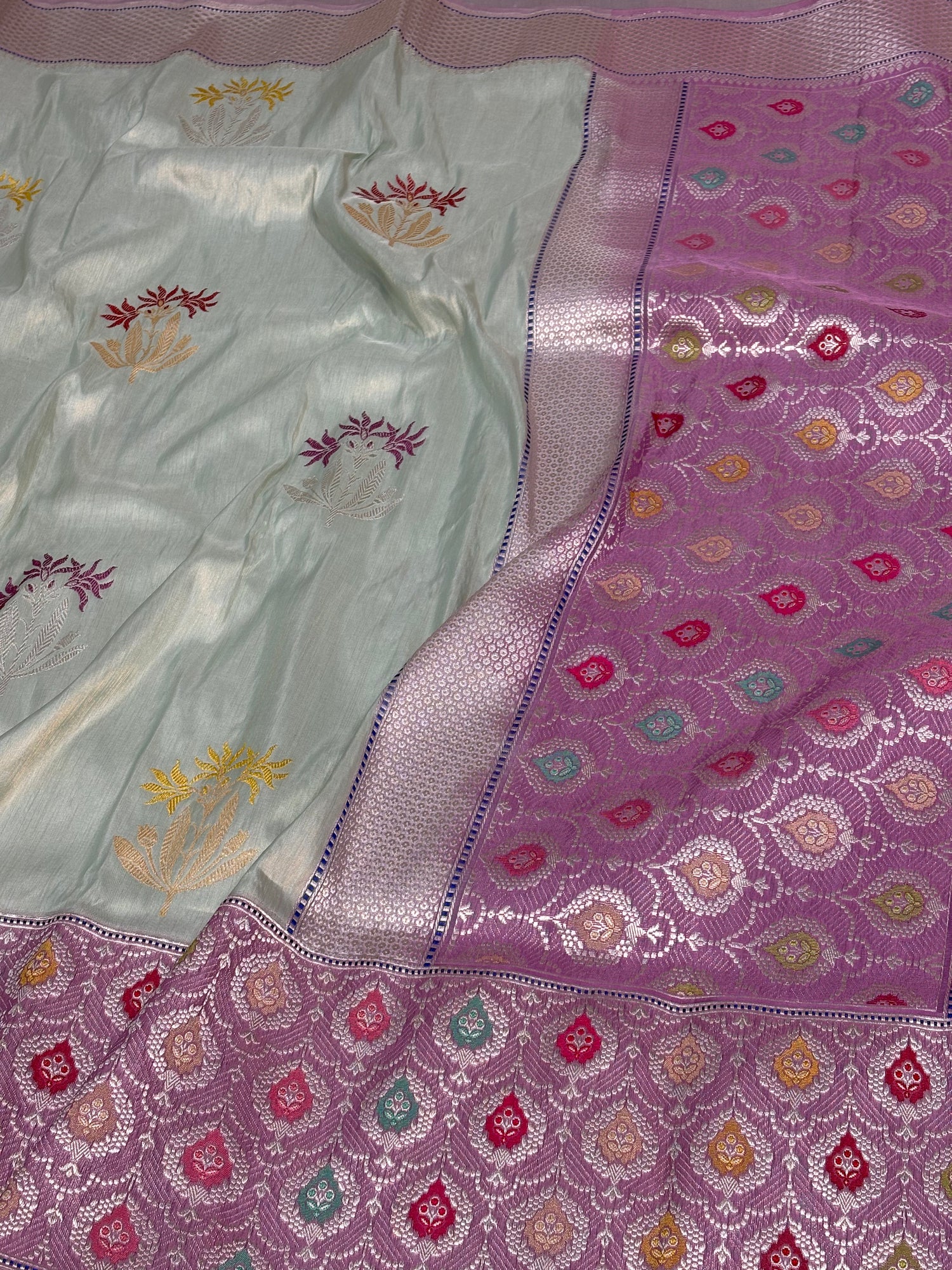 Sky Blue Tissue Kadhiyal Banarasi Saree with Meenakari Banarasi border