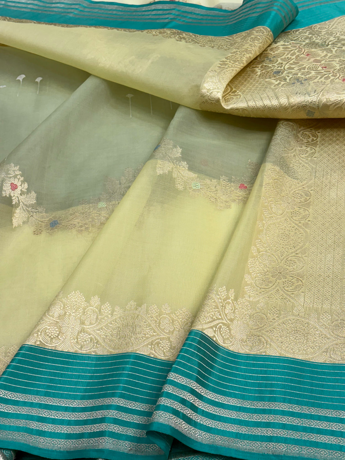 Light Green Modern Banarasi Kora Necklace Jaal Saree