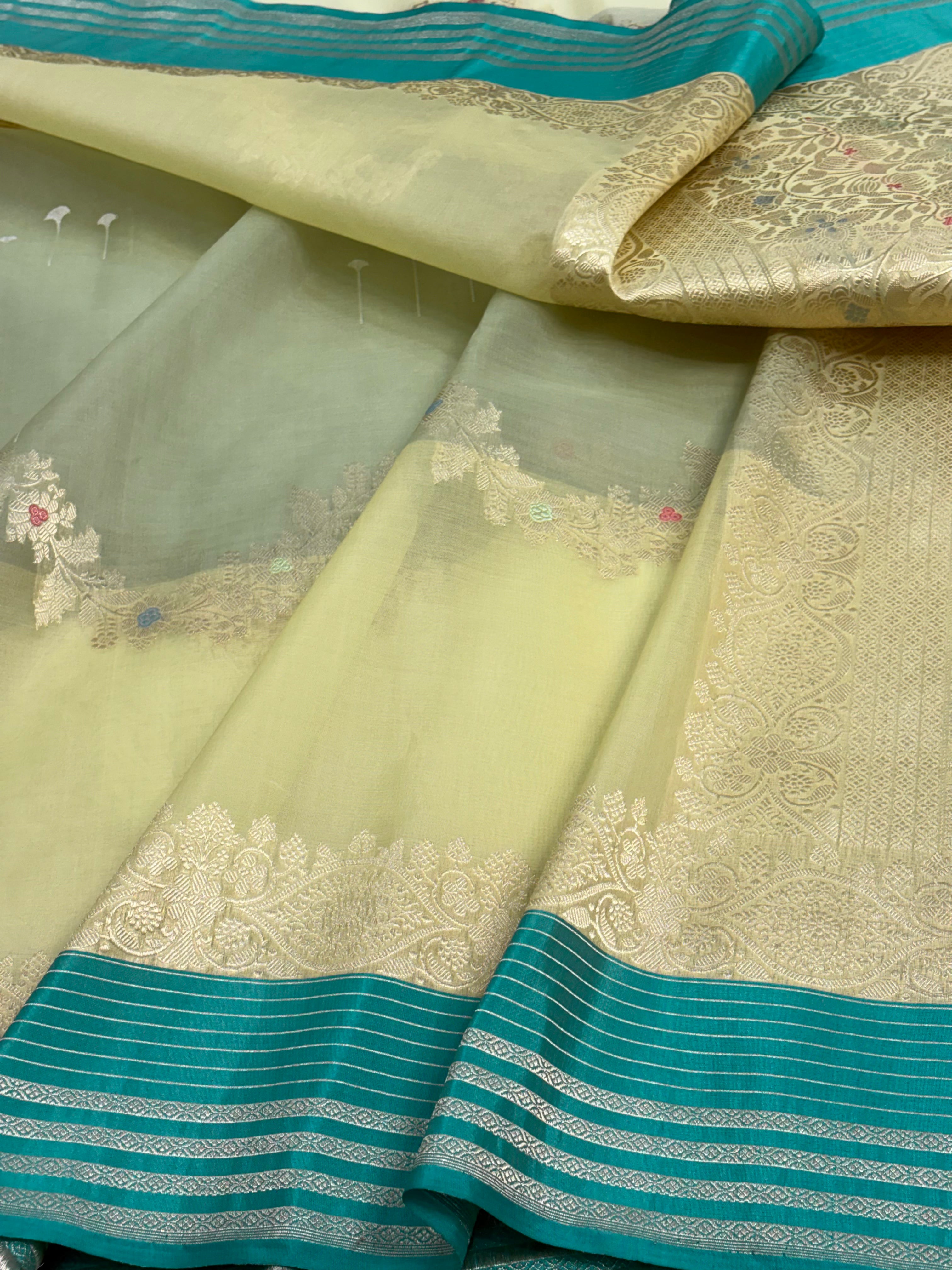 Light Green Modern Banarasi Kora Necklace Jaal Saree