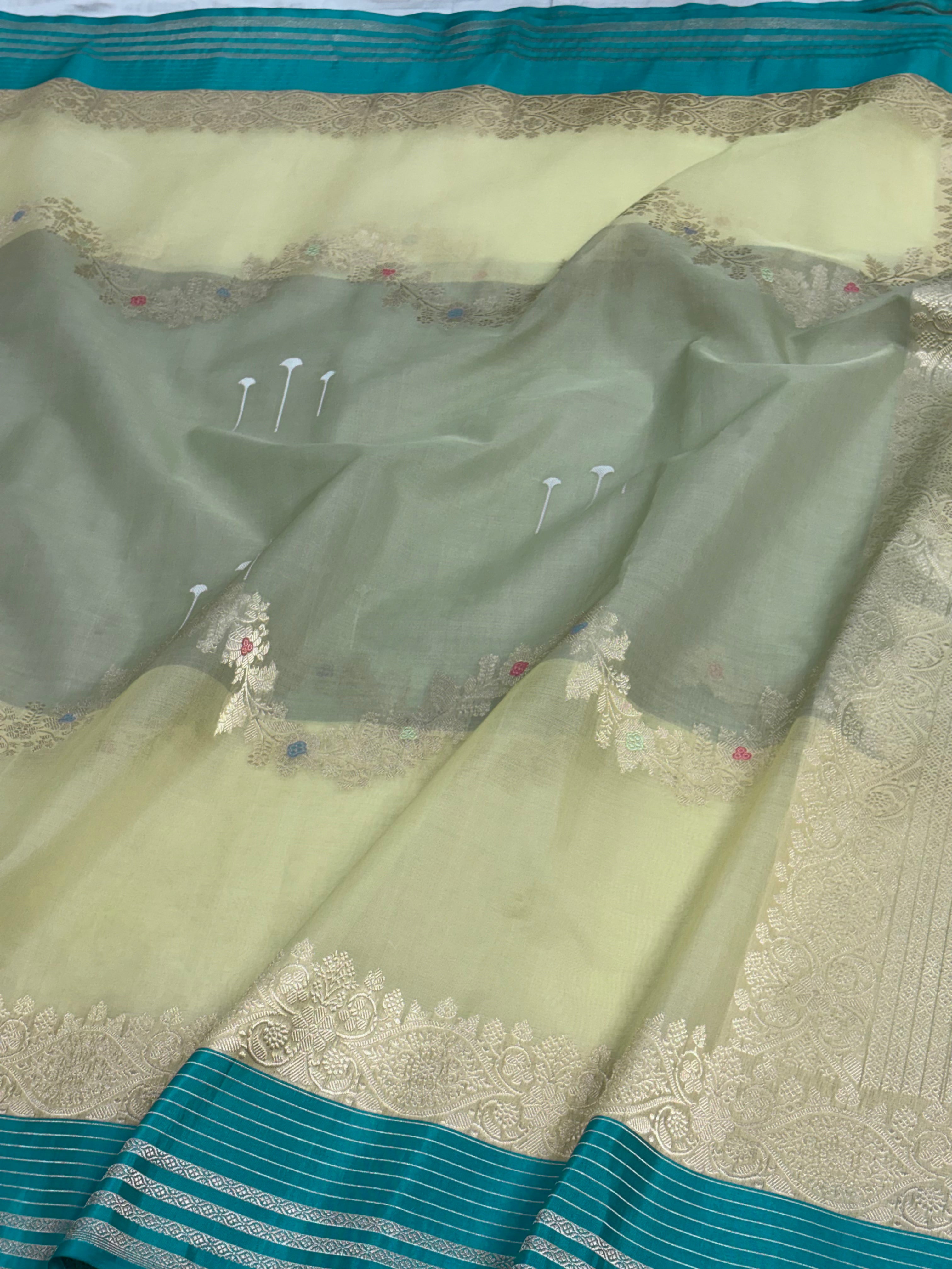 Light Green Modern Banarasi Kora Necklace Jaal Saree
